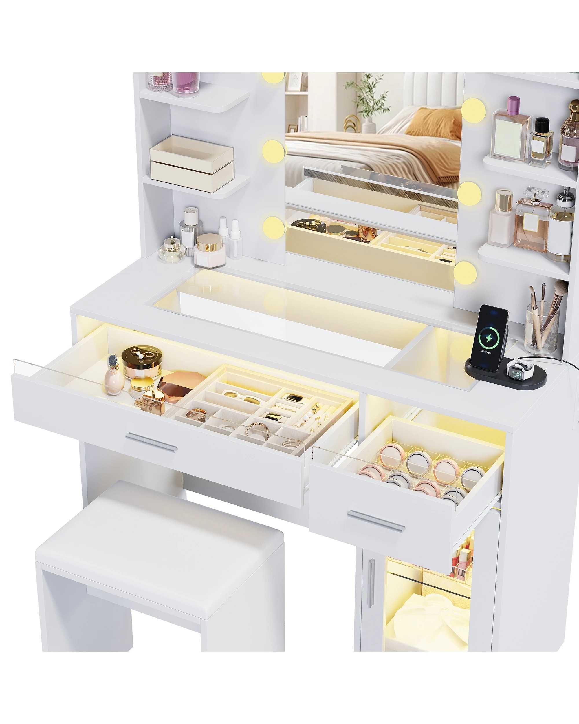 7 Advwin Dressing Table Vanity Desk with Glass Tabletop & Cabinet LED Light Charging Station - White, 7 of 9