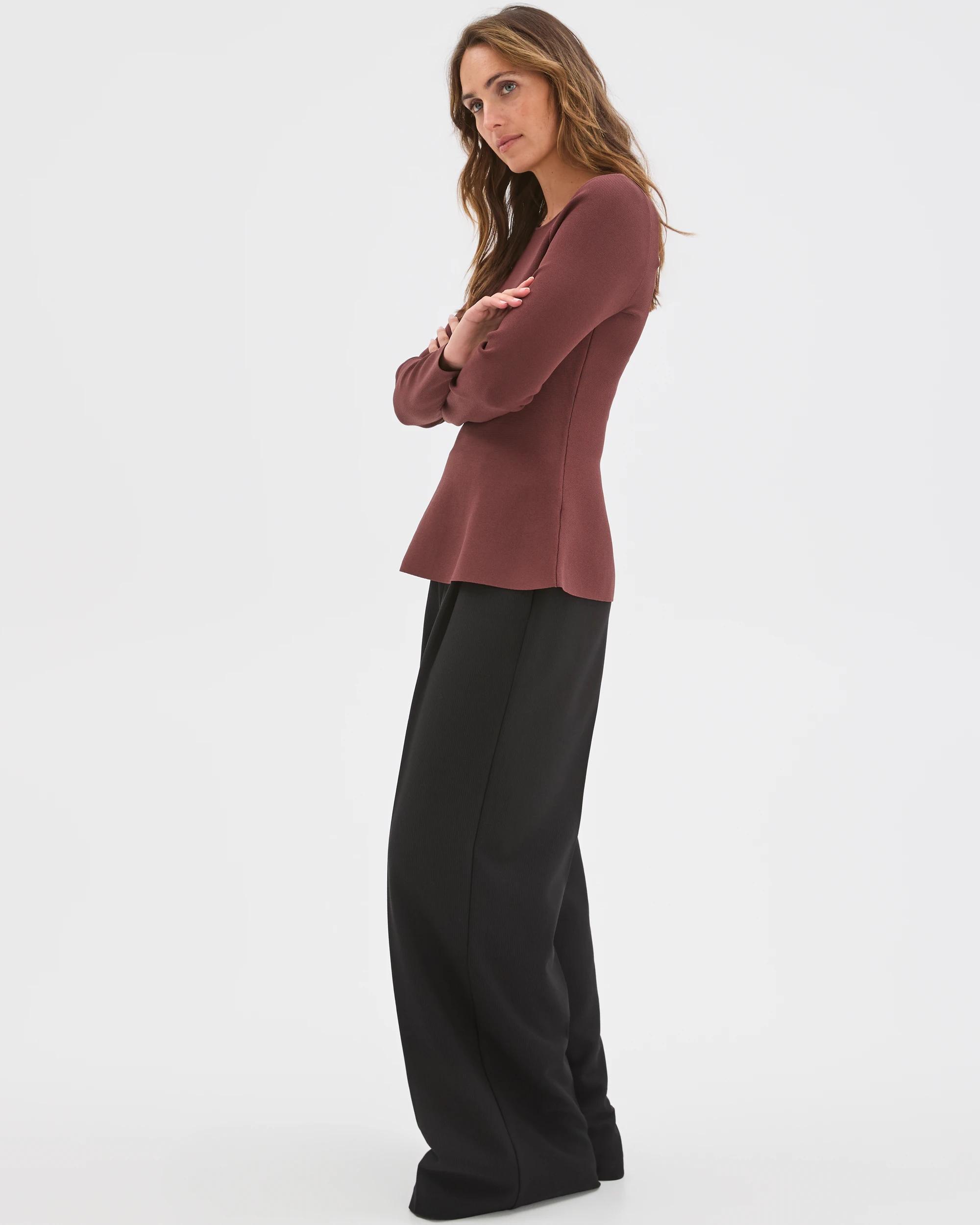 4 Preview Long Sleeve Peplum Crepe Knit Top DARK CHOCOLATE, 4 of 7