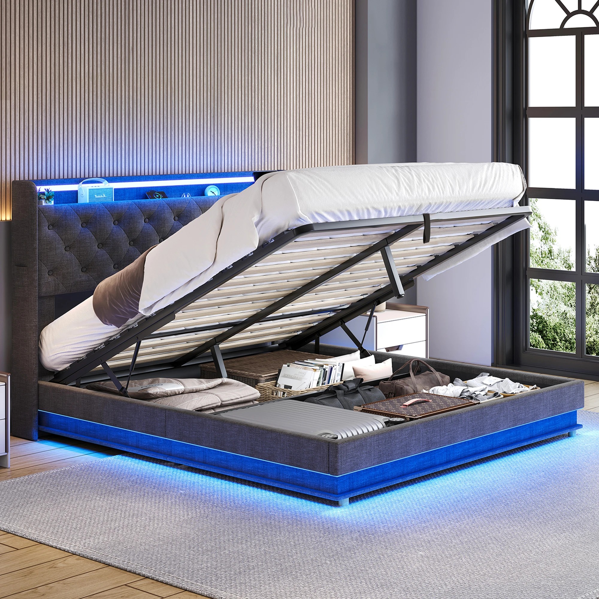 8 Levede Q Size Bed Frame Fabric with LED and Charging Station, 8 of 9