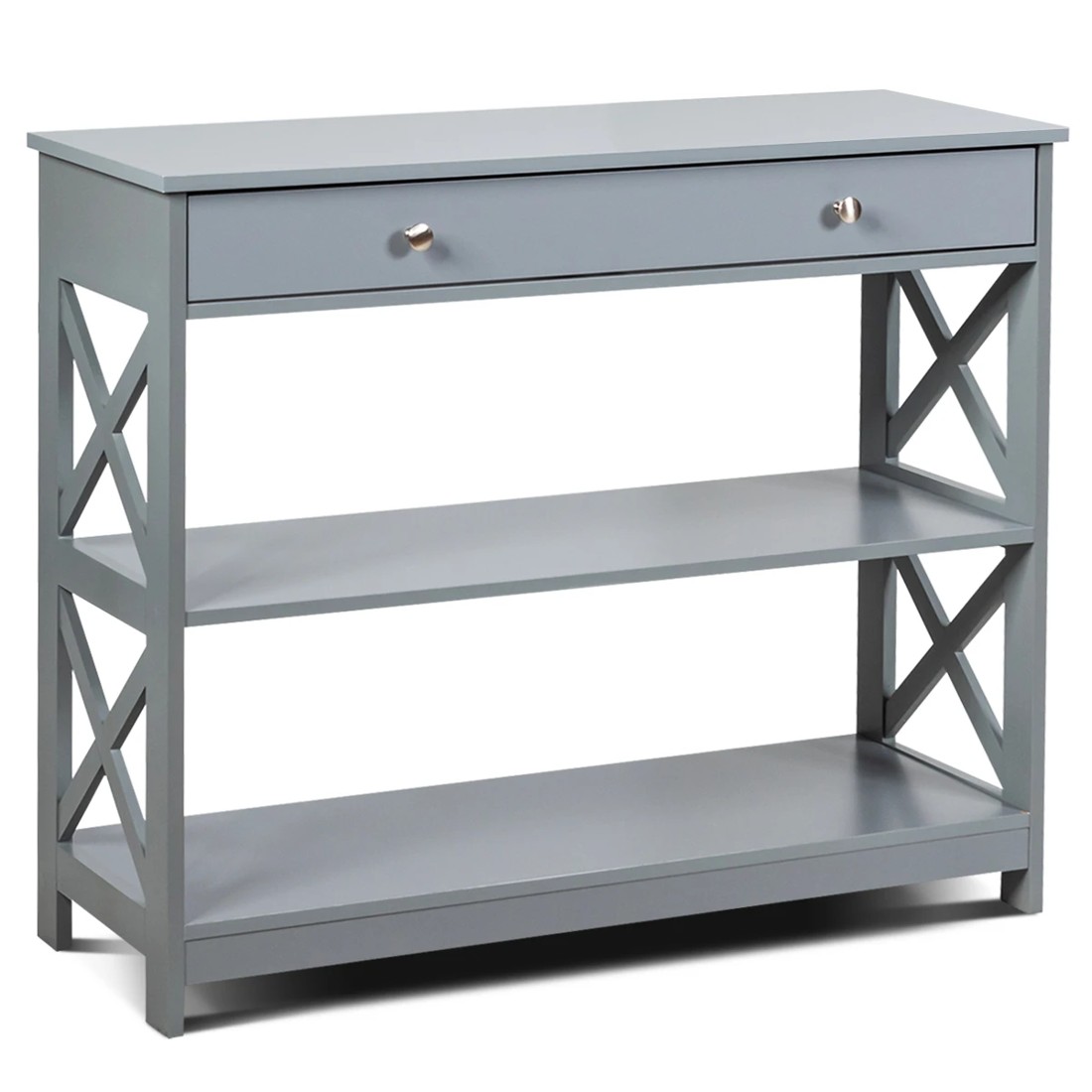 1 Costway 3-Tier Console Table w/Drawer Display Table - Grey, 1 of 8