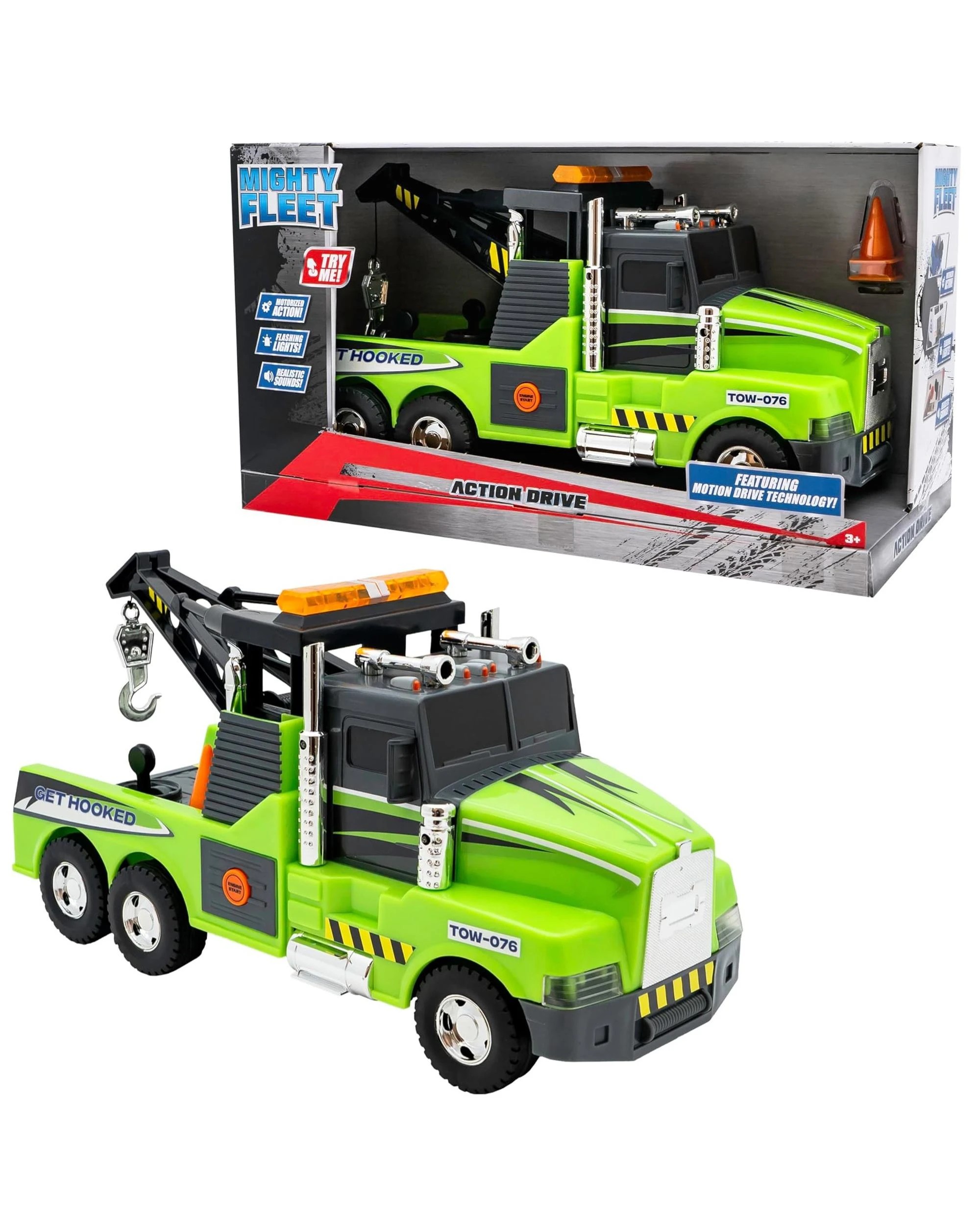 1 Mighty Fleet Action Drive Tow Truck 16 inch Vehicle - Green, 1 of 6