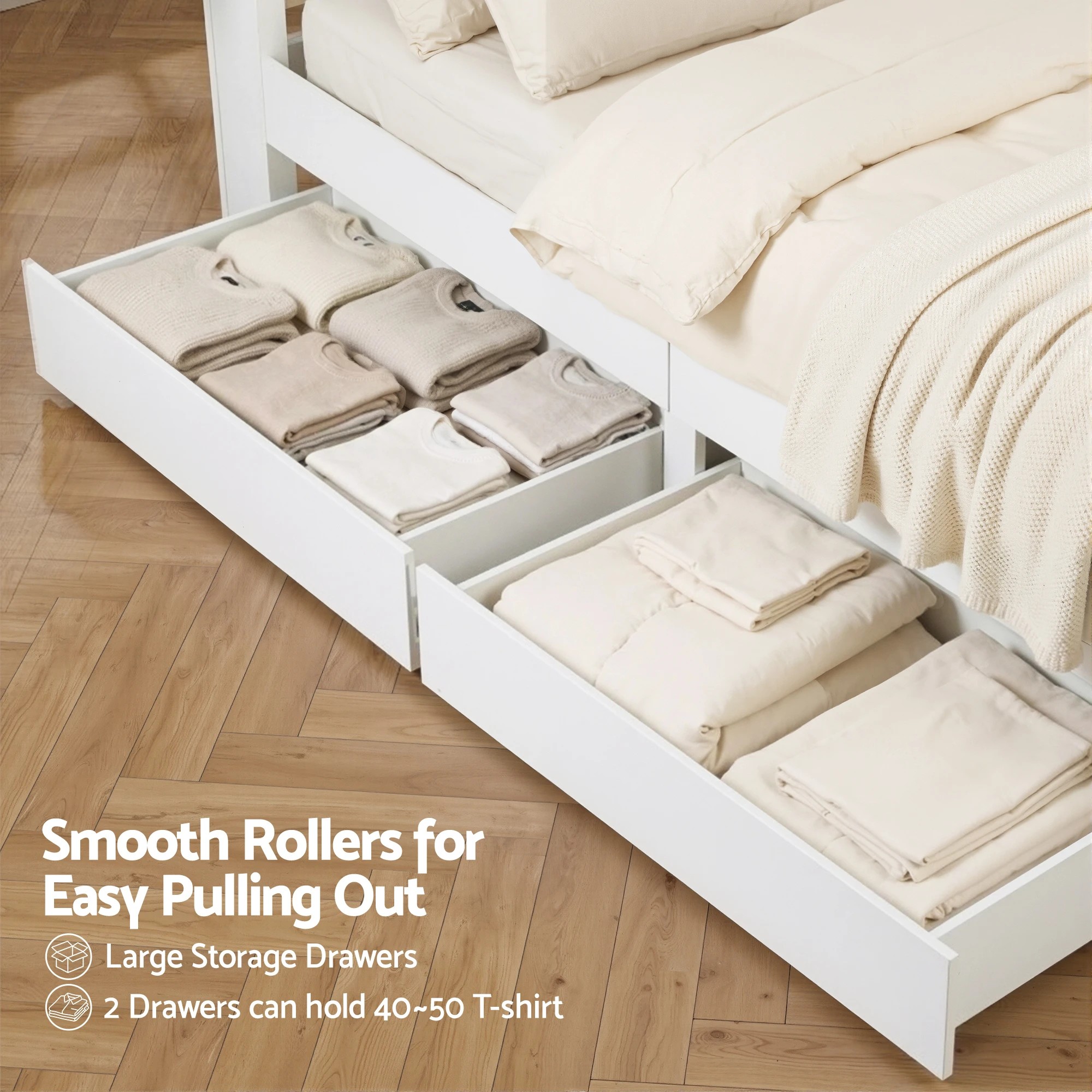5 Artiss Double Bed Frame with Storage Drawers  Platform Bedframe with Bookcase - White, 5 of 6