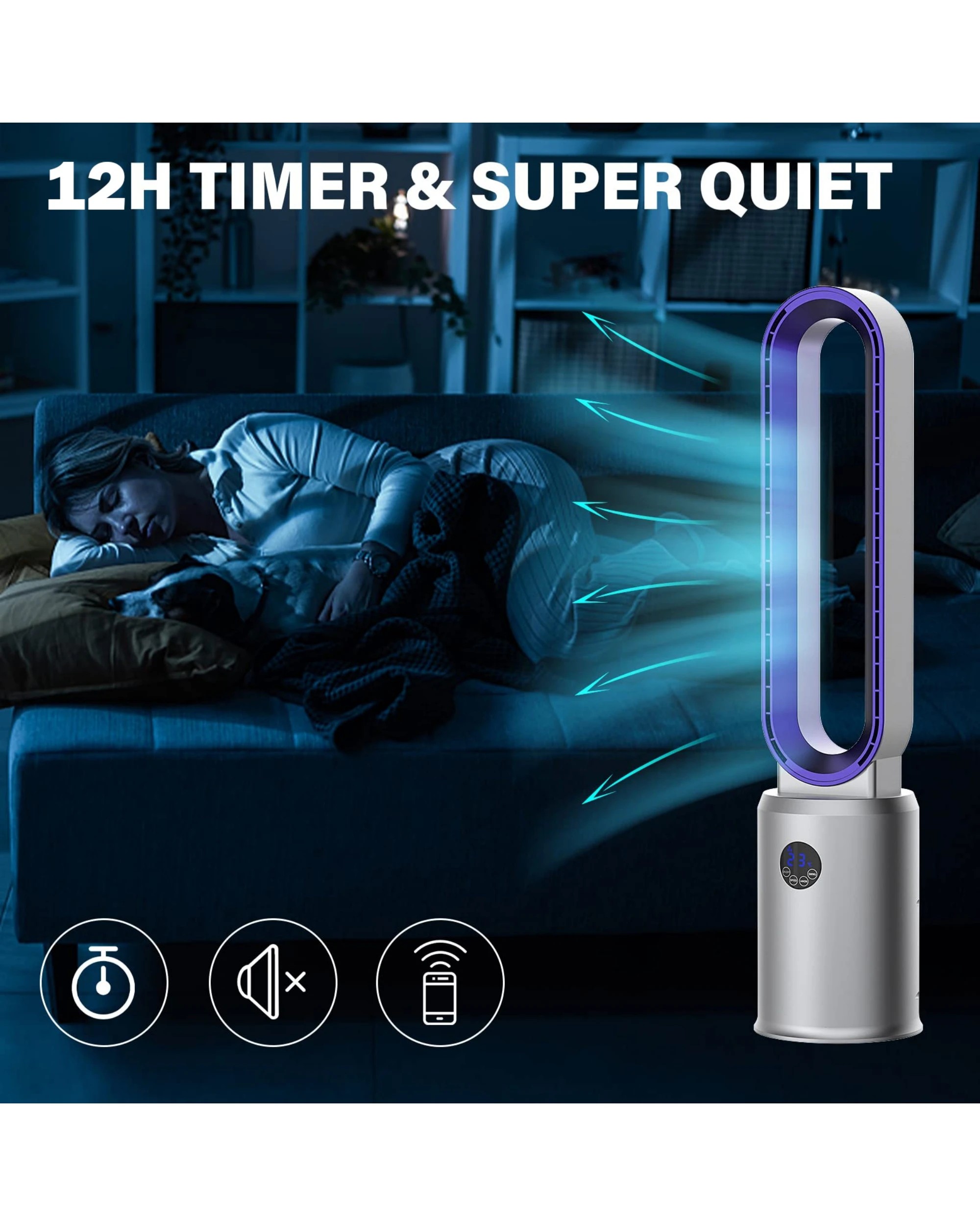 2 Advwin Bladeless Tower Fan Portable Electric Standing Floor Fan Air Circulator With Remote 24-Speeds Adjustable, 2 of 8