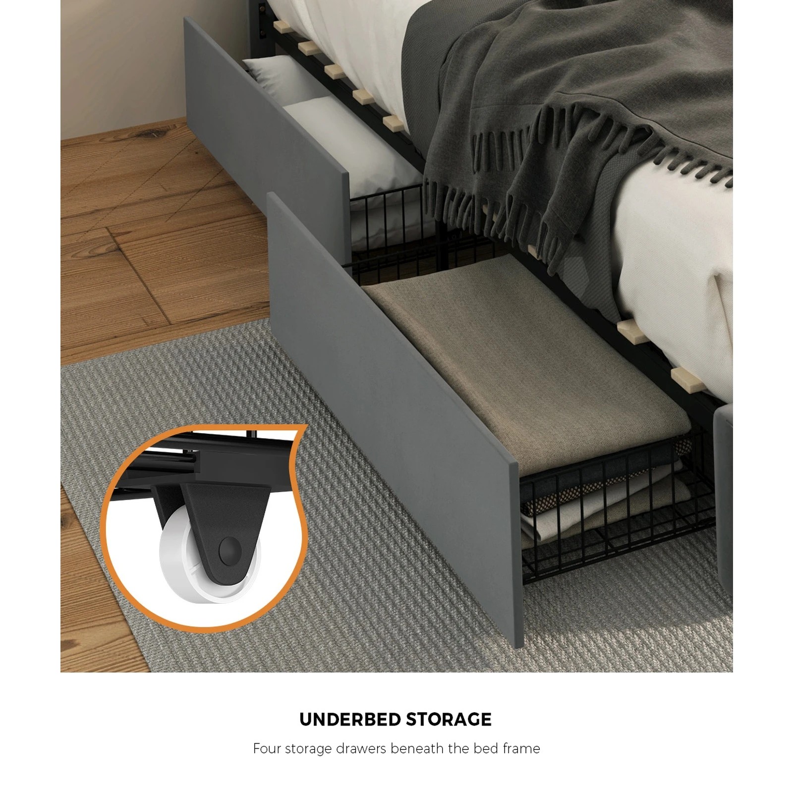 6 Oikiture LED Queen Bed Frame With 4 Storage Drawers & Charging Station - Grey, 6 of 9