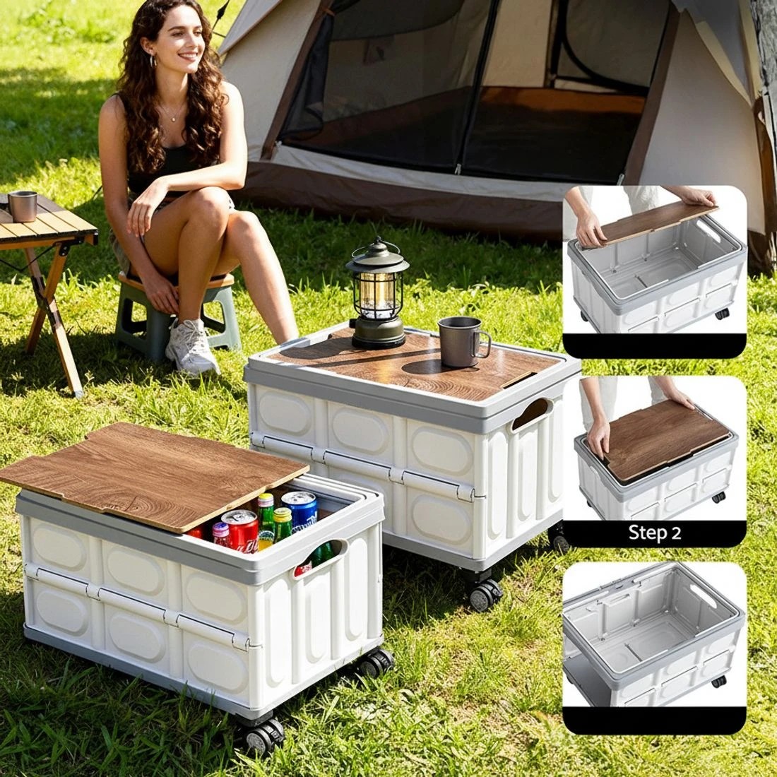 4 Gardeon Collapsible Outdoor Storage Box 54L Stackable Folding Camping Organizer Wheels Plywood Lid - Multi, 4 of 7