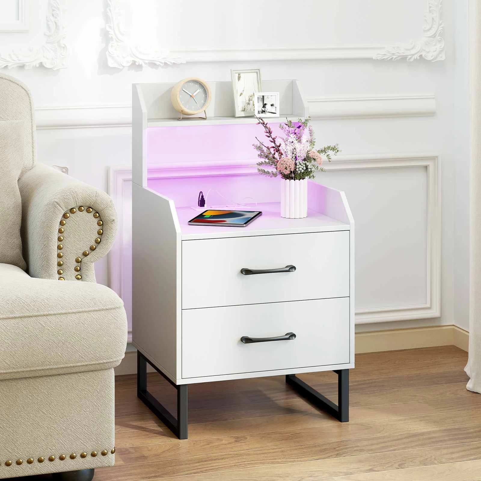 3 Costway Modern Nightstand LED Lights Bedside Table w/Charging Station, 3 of 4