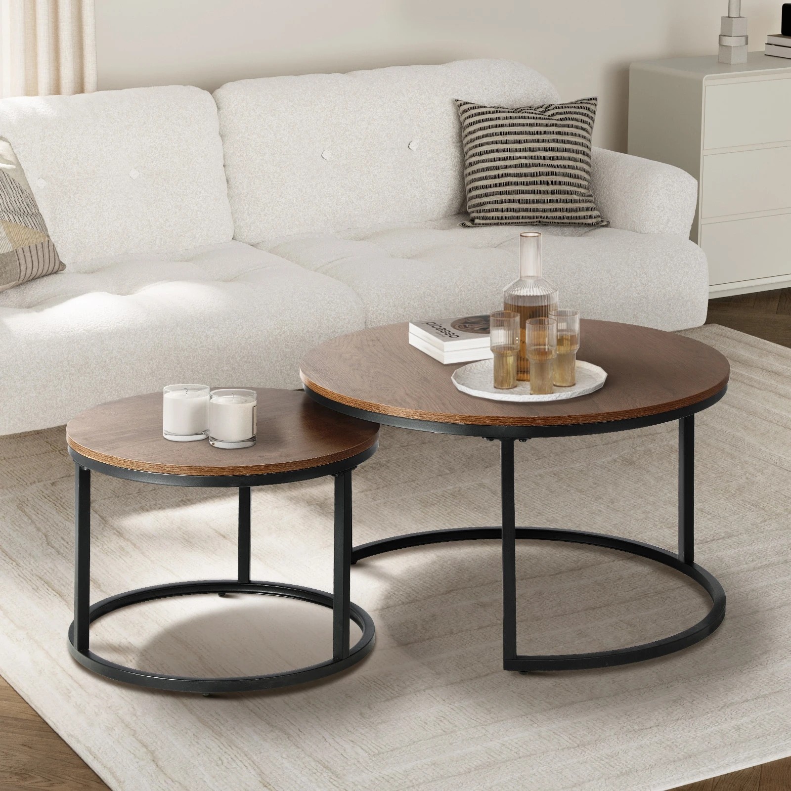 2 Oikiture Set Of 2 Coffee Table Round Nesting Side End Table
 - Brown, 2 of 10