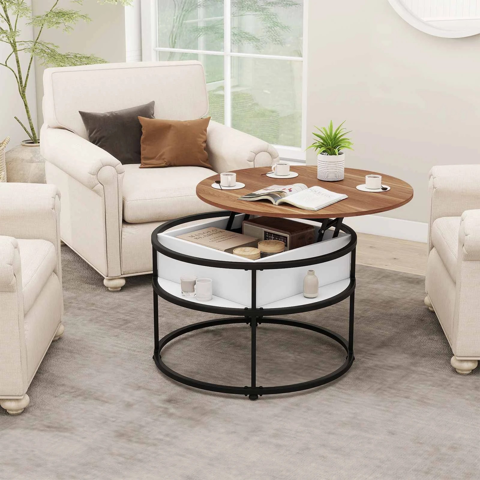 2 Costway Lift Top Coffee Table 2-Tier Round Center Cocktail Table w/Hidden Compartment, 2 of 4