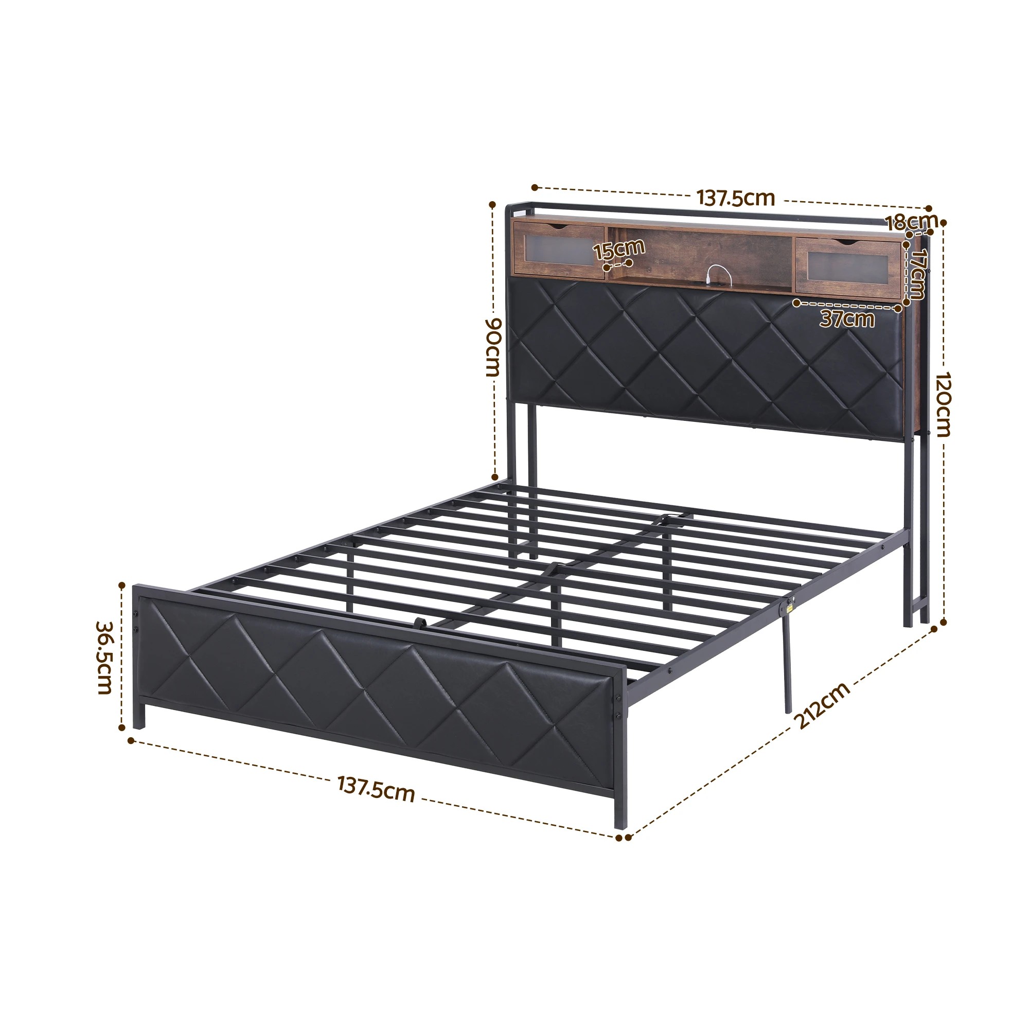 2 Artiss Double Bed Frame with LED Lights Storage Headboard 2 USB 2 AC Outlets Charging Station - Black, 2 of 10