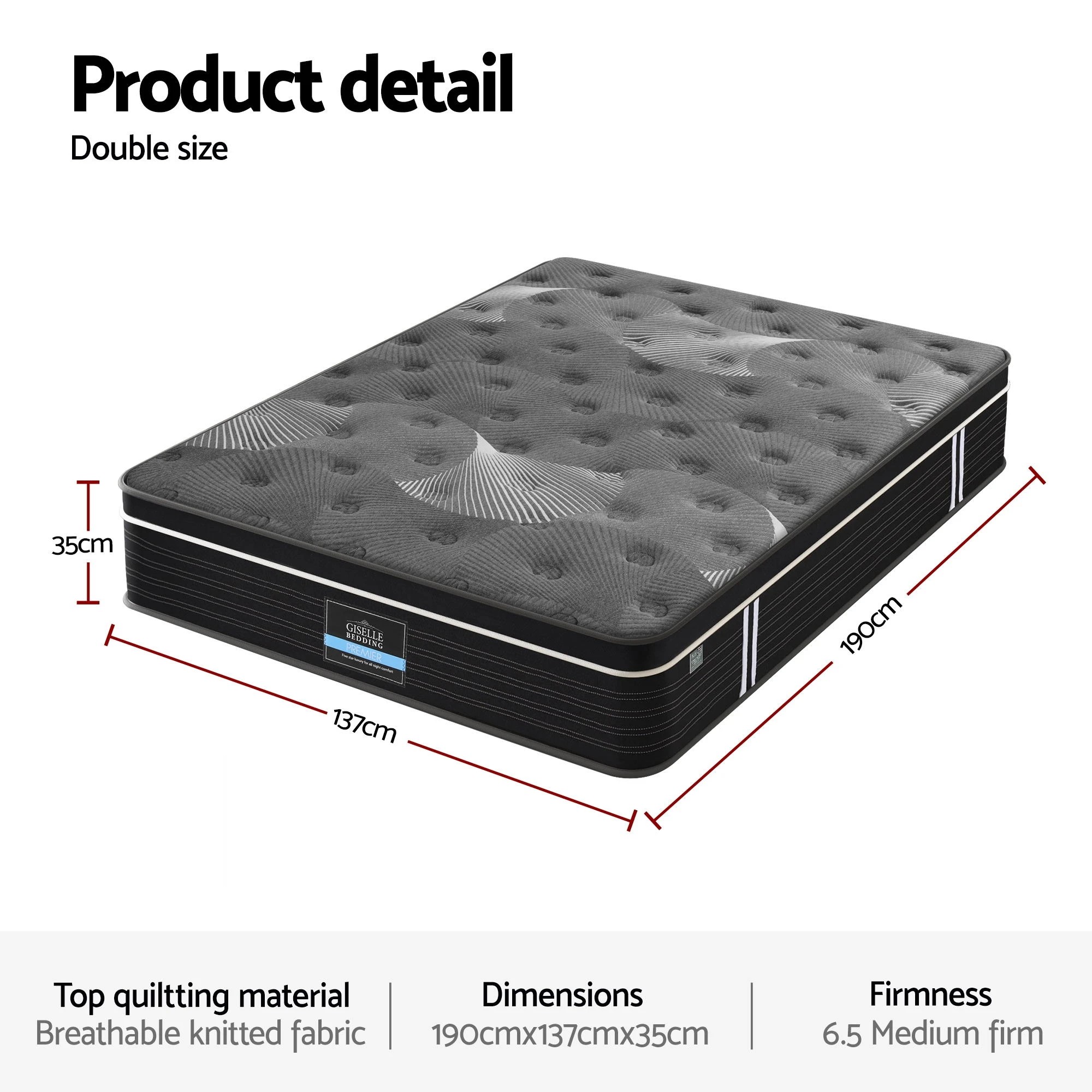 2 Giselle Bedding Double Mattress 35cm Euro Top with Graphene Cooling Comfort Medium Firm - Double Bed - Multi, 2 of 3