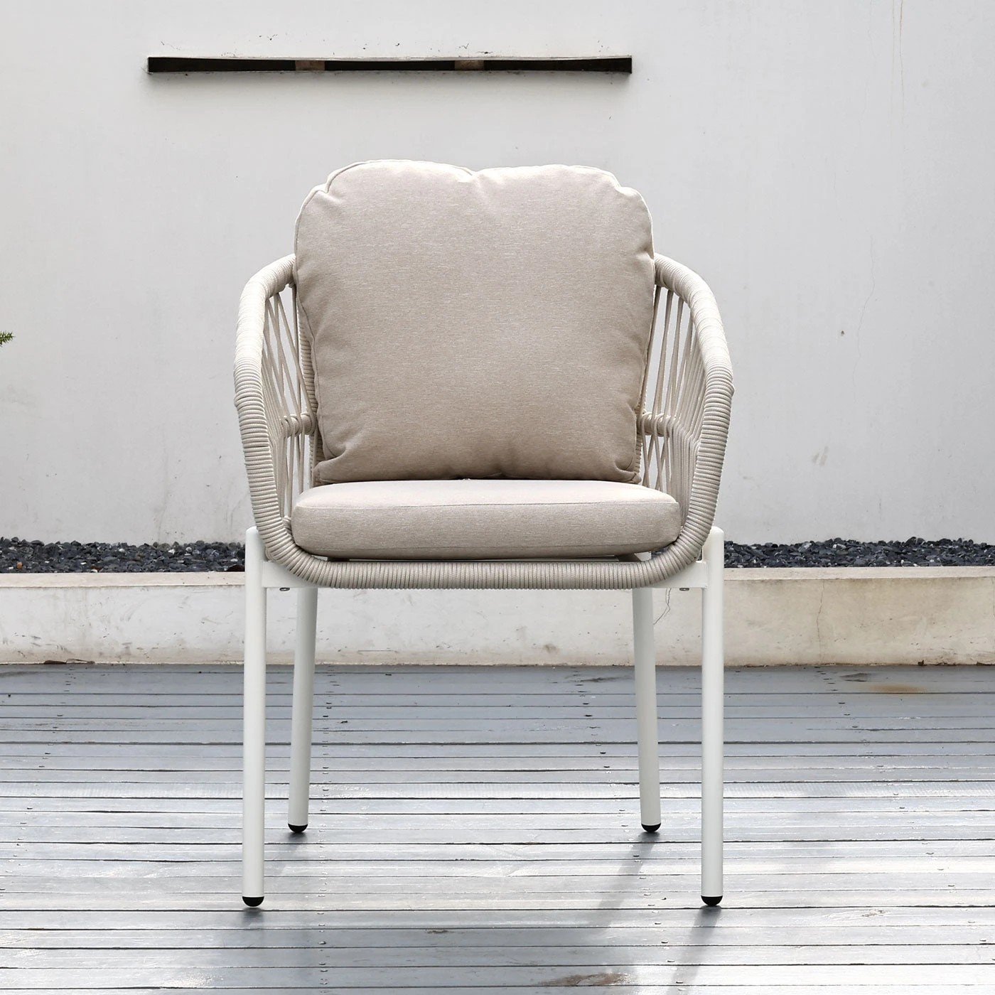 2 Moda Living Bali White Aluminium Outdoor Dining Chairs with Arms - Beige Rope and Cushion (Set of 4) - White, 2 of 10