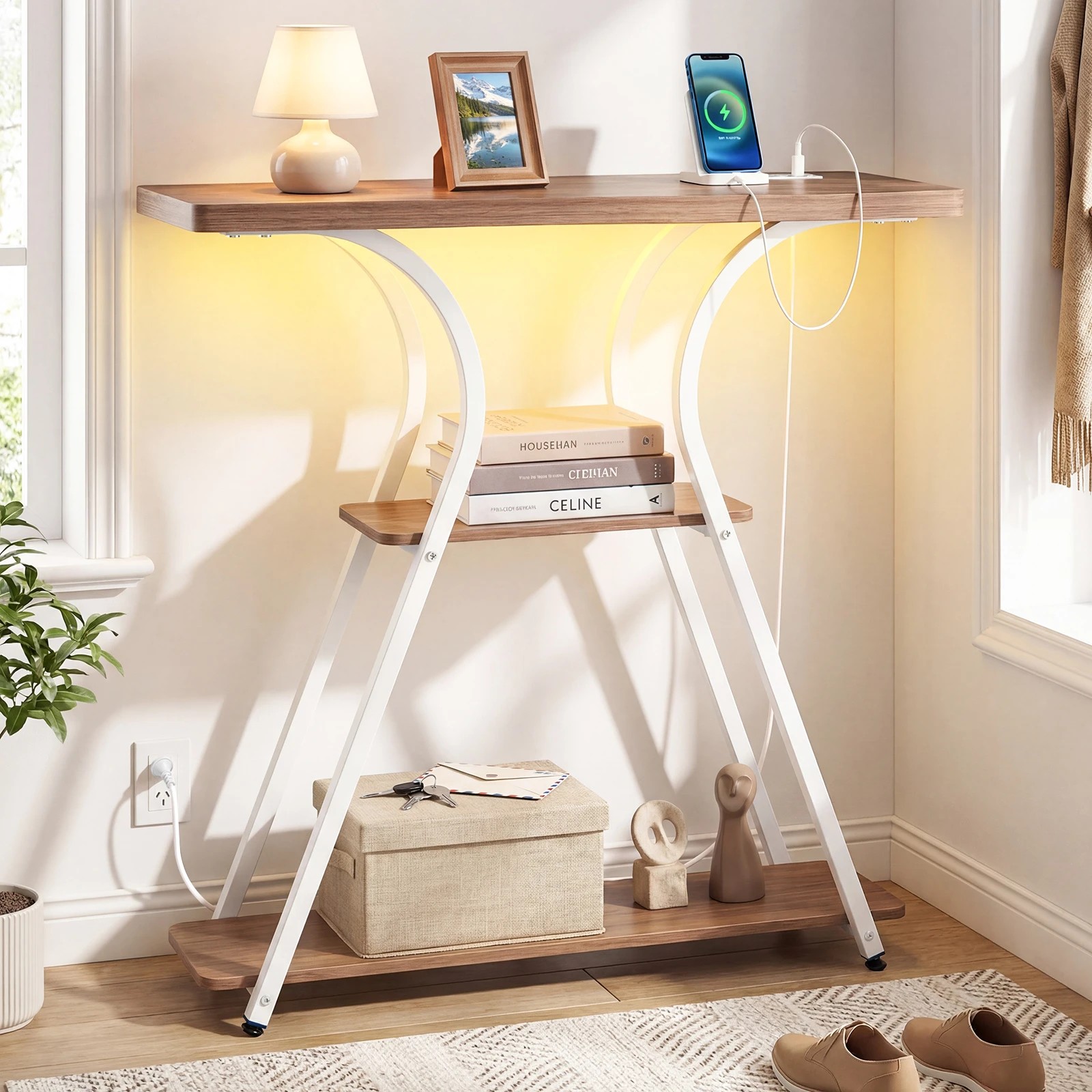 4 Costway 3-Tier Console Table w/Power Outlets LED Narrow Behind Couch Table - Natural, 4 of 6