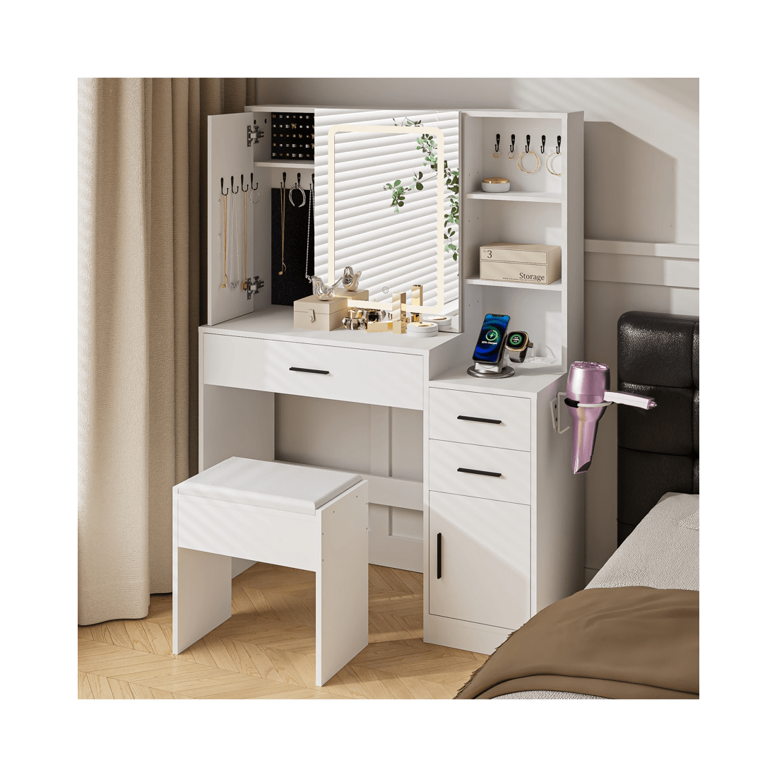 2 Advwin Dressing Table Stool Set With Mirror Led Lights Jewelry Armoire, 2 of 10