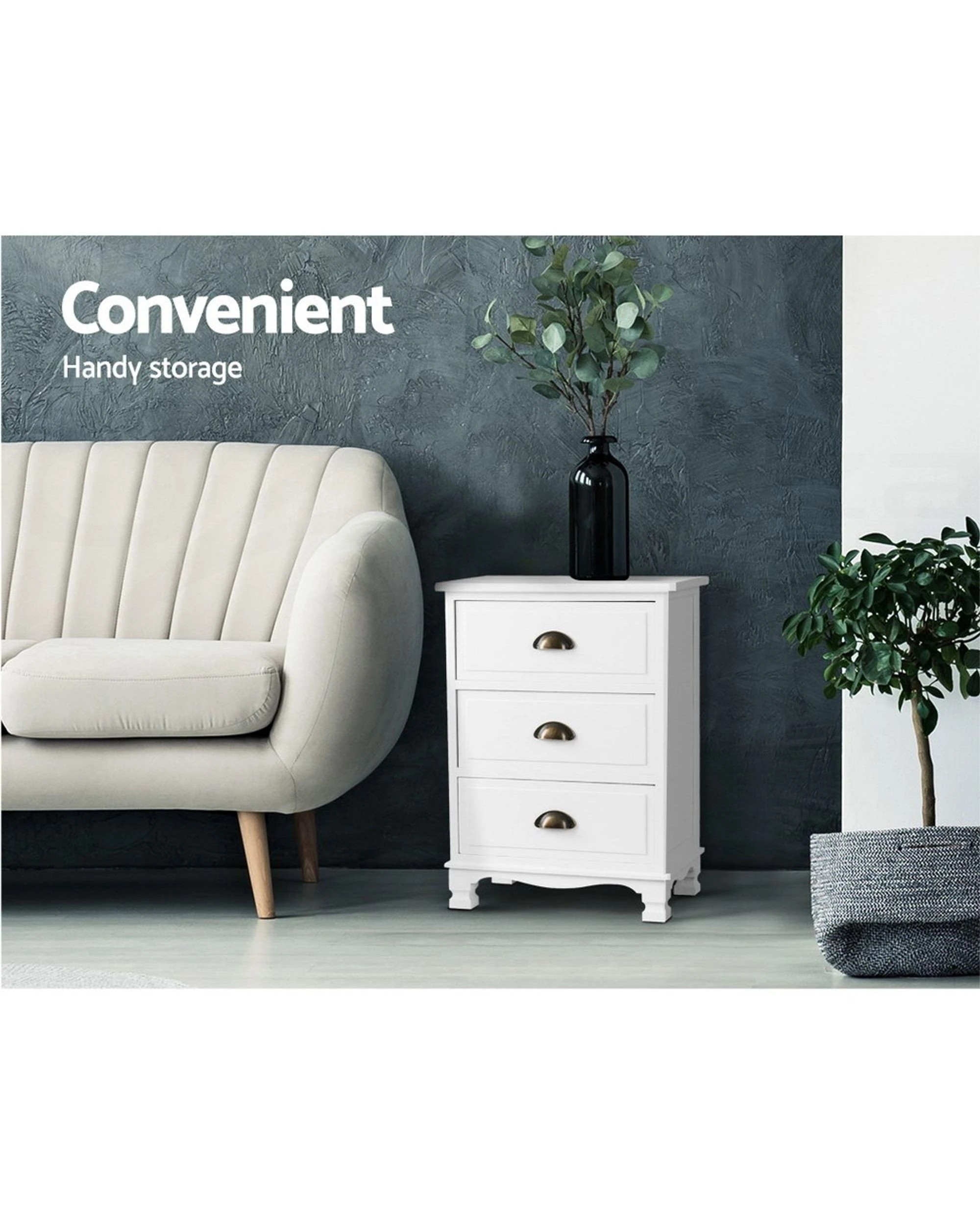 3 Artiss Bedside Table 3 Drawers Vintage
 - White, 3 of 3