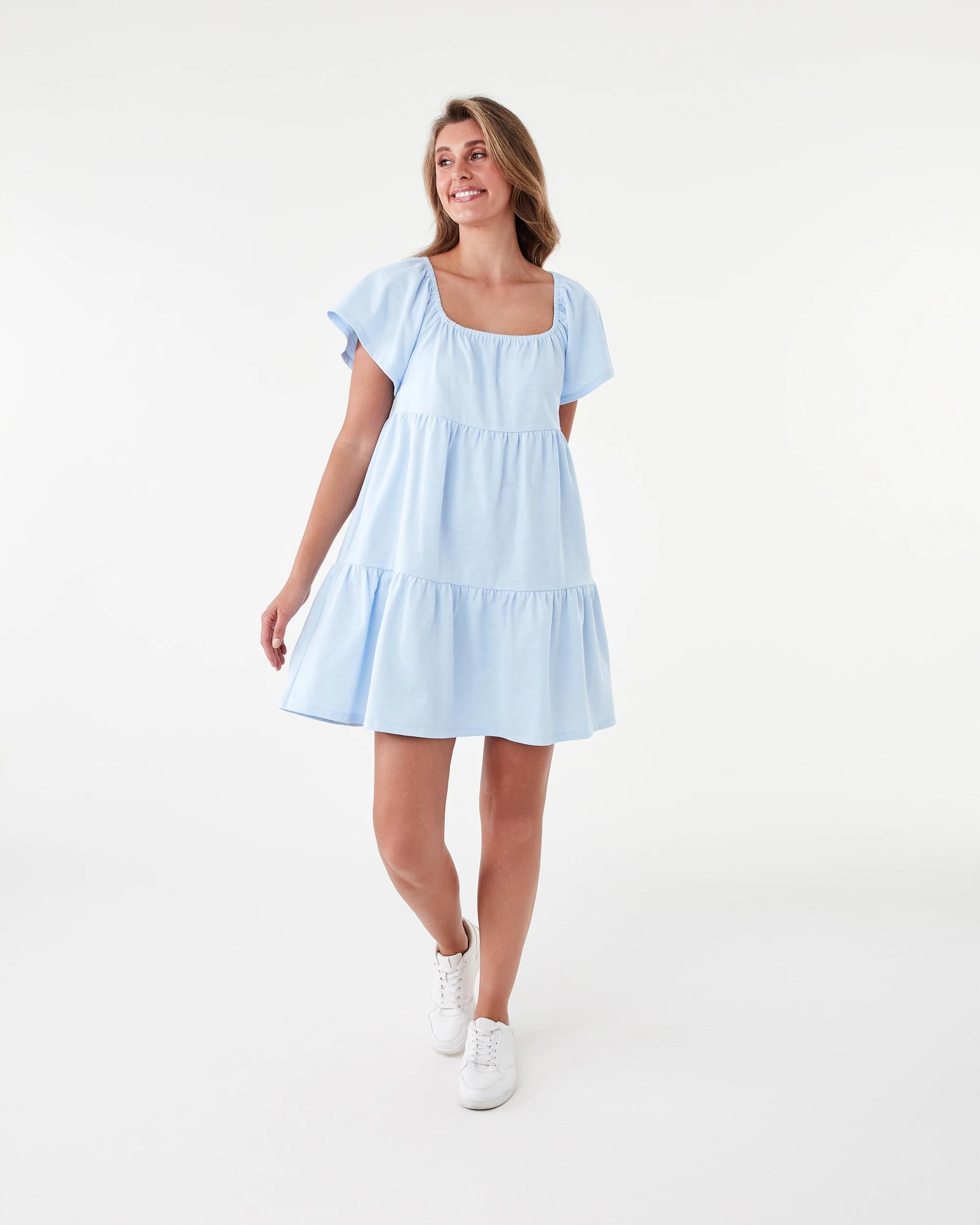 8 Short Sleeve Frill Tiered Jersey Mini Dress Powd Blue, 8 of 8