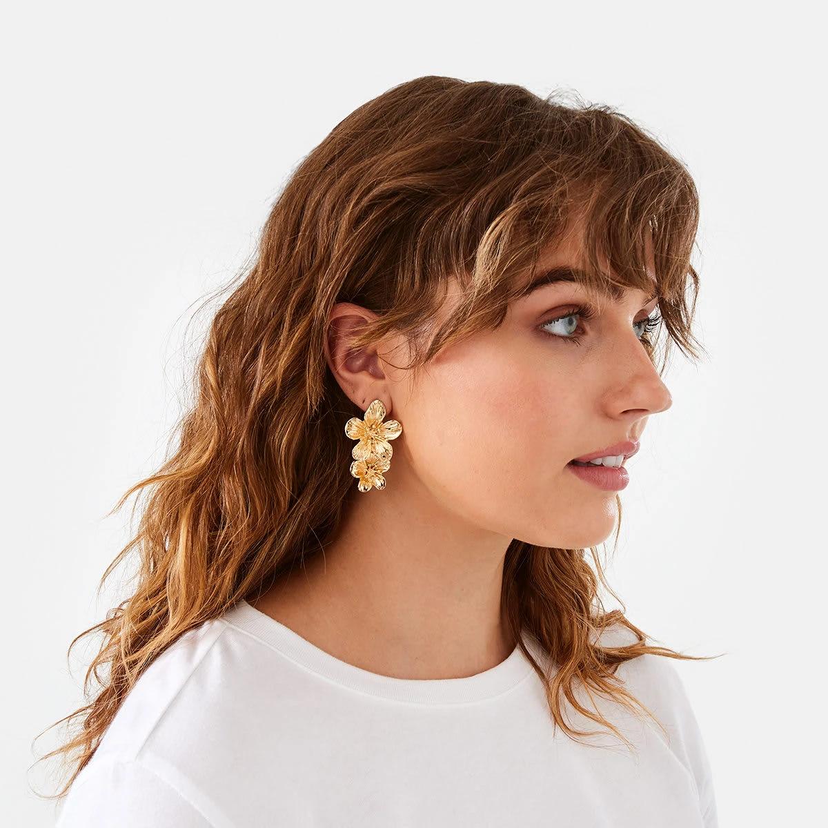 4 Flower Drop Earrings - Gold Tone Gold, 4 of 5