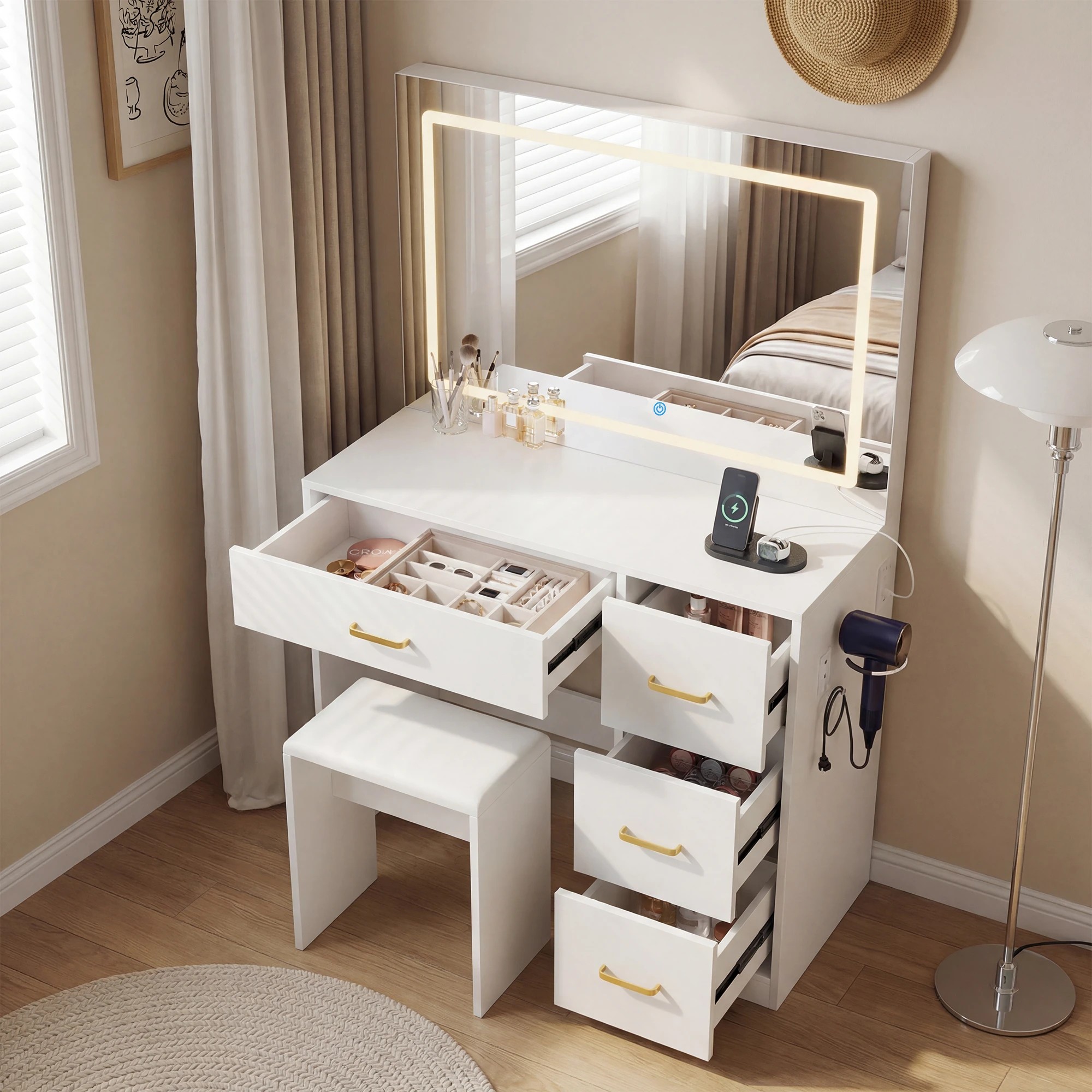 4 Advwin Makeup Vanity Desk with Large LED Mirror Charging Station - White, 4 of 10