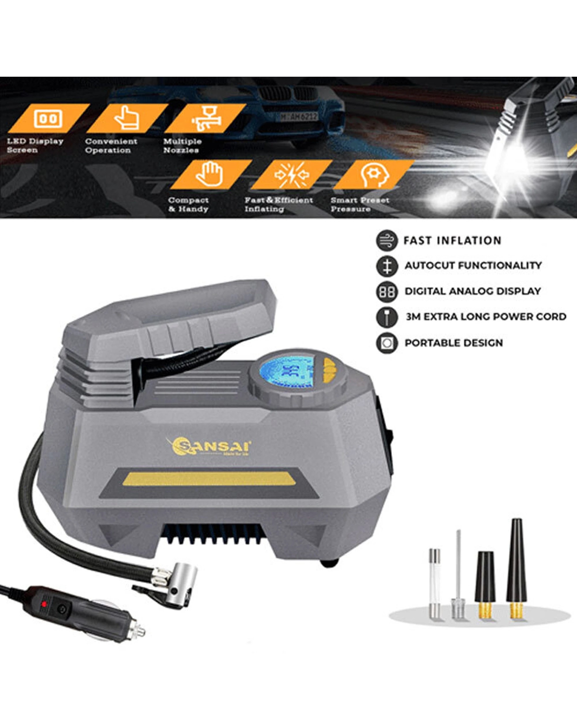 2 Sansai 120W Portable Digital Car Socket Air Pump Compressor Tyre Bike Inflator - Black, 2 of 4