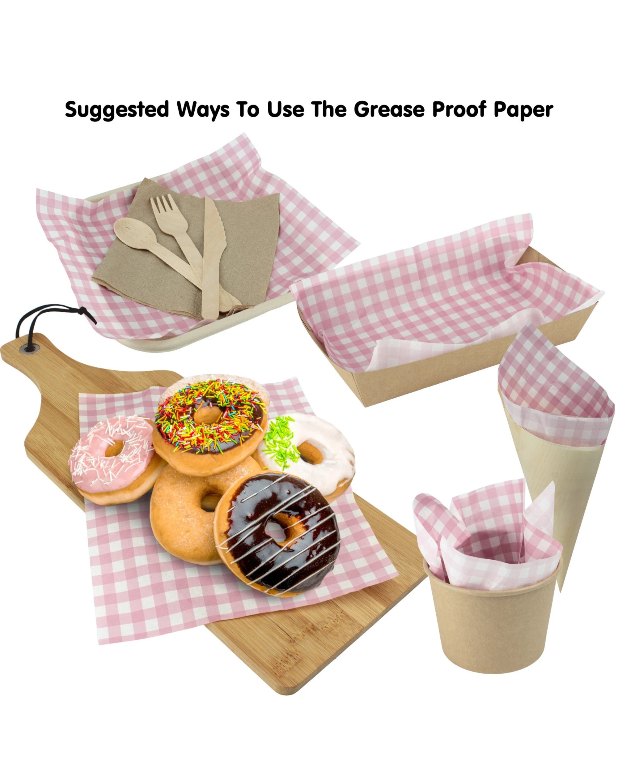 3 Artwrap Pink Gingham Grease Proof Paper Plate Tray Liners 8 SheetsPink - Pink, 3 of 5