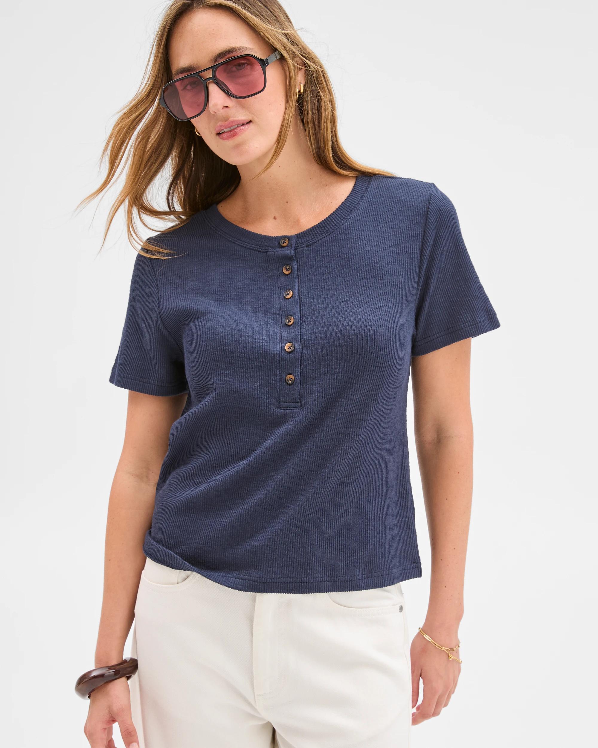 2 Target Woman Australian Cotton Blend Textured Rib Henley T-Shirt NAVY BLAZER, 2 of 5