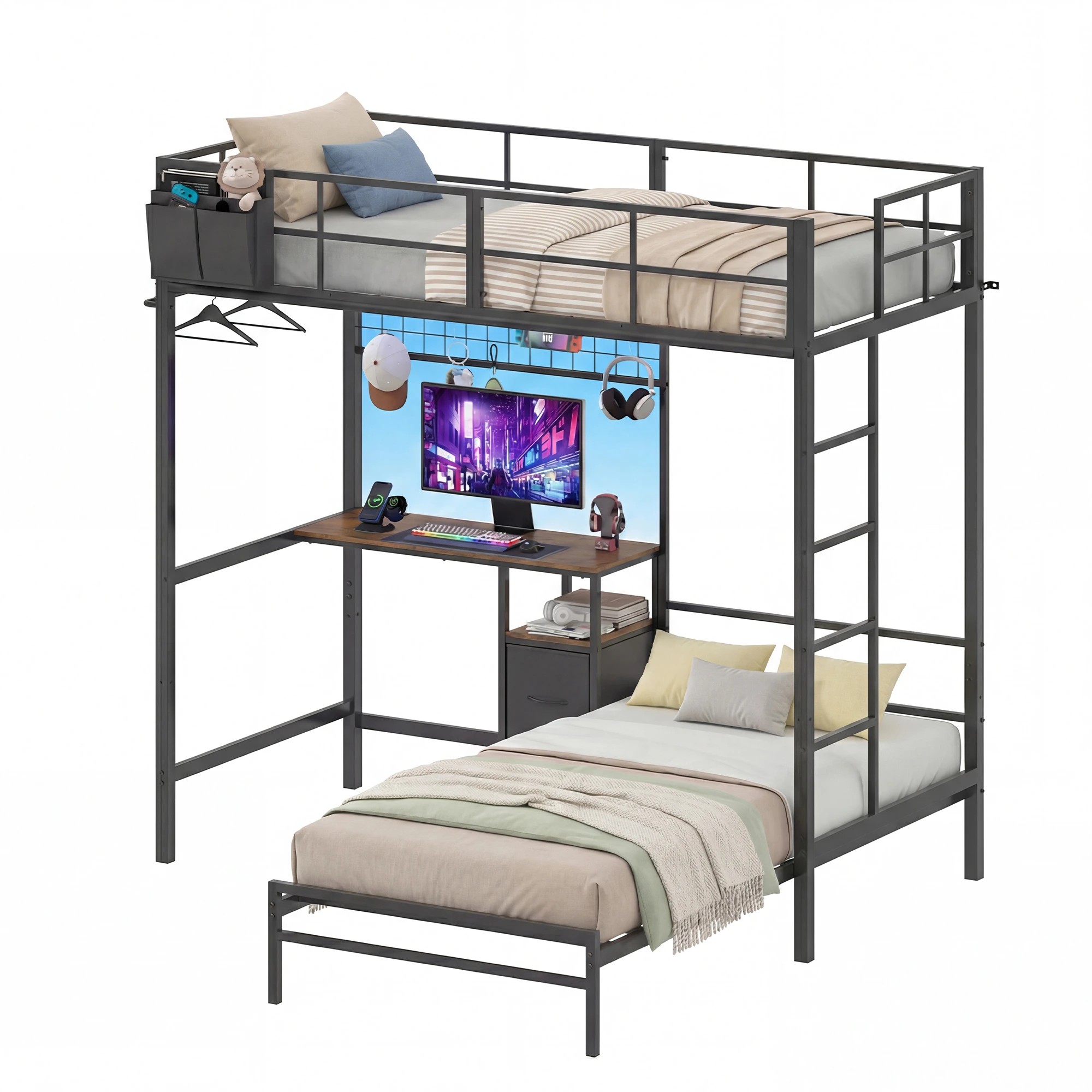 1 Advwin L-Shaped Bunk Bed with Desk Charging Station LED Light King Single - Black, 1 of 8