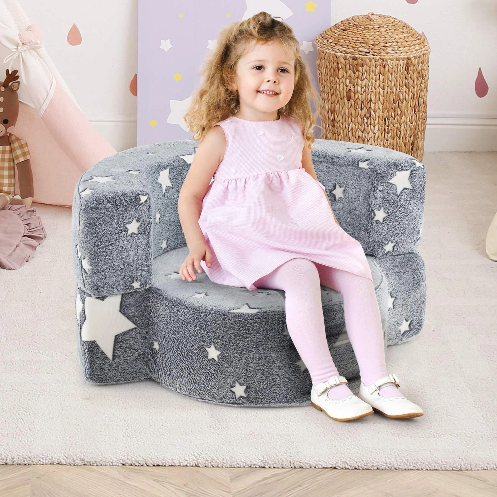 2 Costway 2-in-1 Glow in the Dark Sofa Star Pattern Couch Chair - Grey, 2 of 2