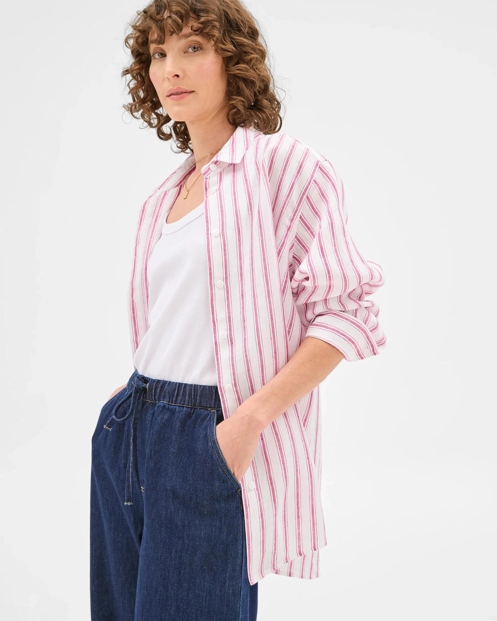 5 Target Woman European Linen Long Sleeve Shirt MAGENTA STRIPE, 5 of 6