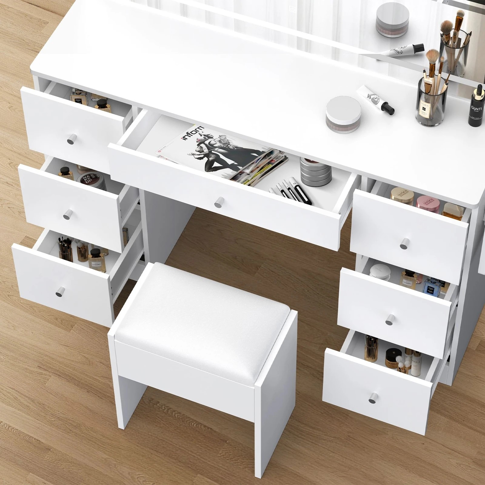 3 Alfordson Dressing Table Stool Set Makeup Mirror LED Vanity Desk 7 Drawers - White, 3 of 10