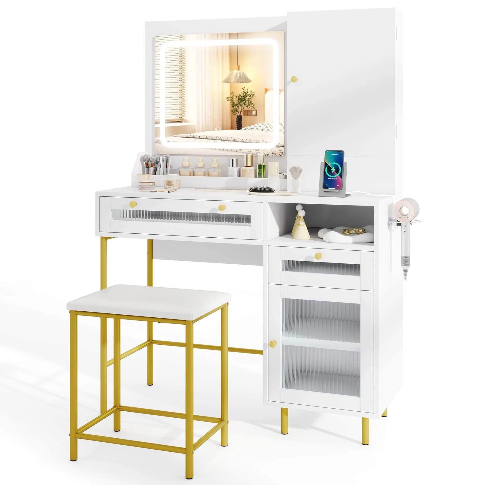 4 Costway 3-Color LED Dressing Table Makeup Vanity Table & Stool Set w/Mirror, 4 of 4