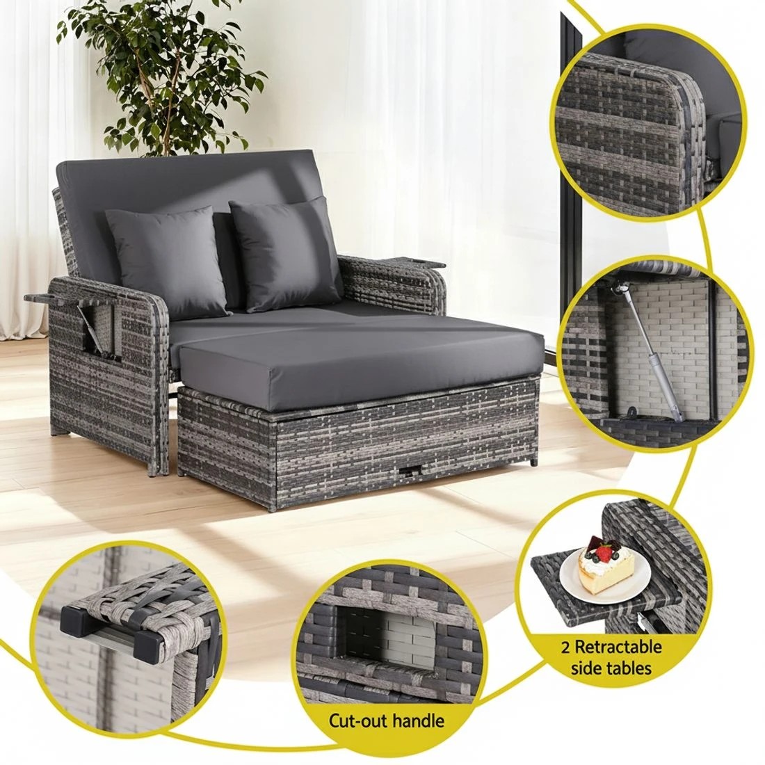 4 Gardeon Outdoor Day Bed Sun Lounge Setting Wicker Lounger Patio Furniture - Grey, 4 of 10