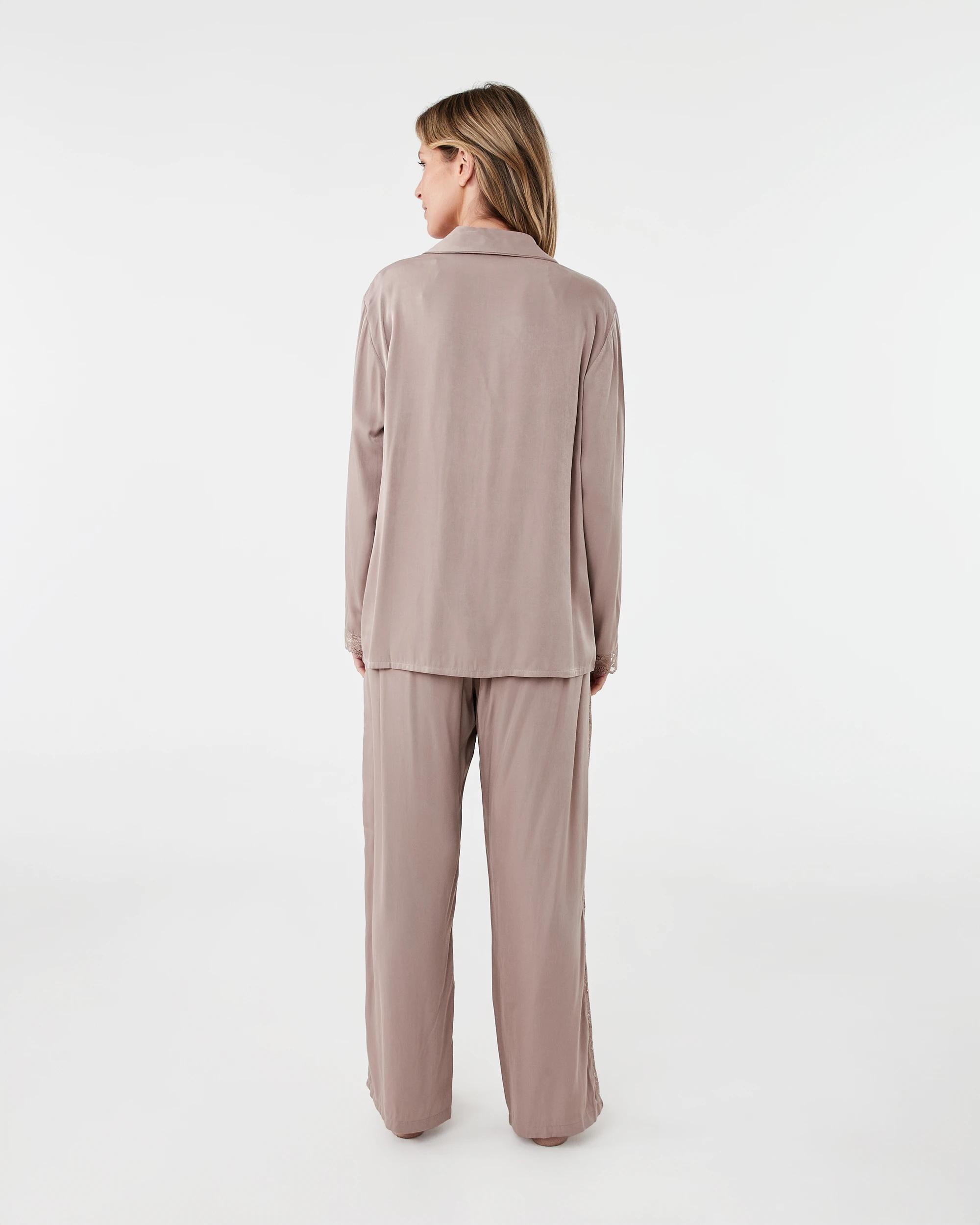 3 Lace Trim Matte Satin Pyjama Set Grey Taupe, 3 of 9