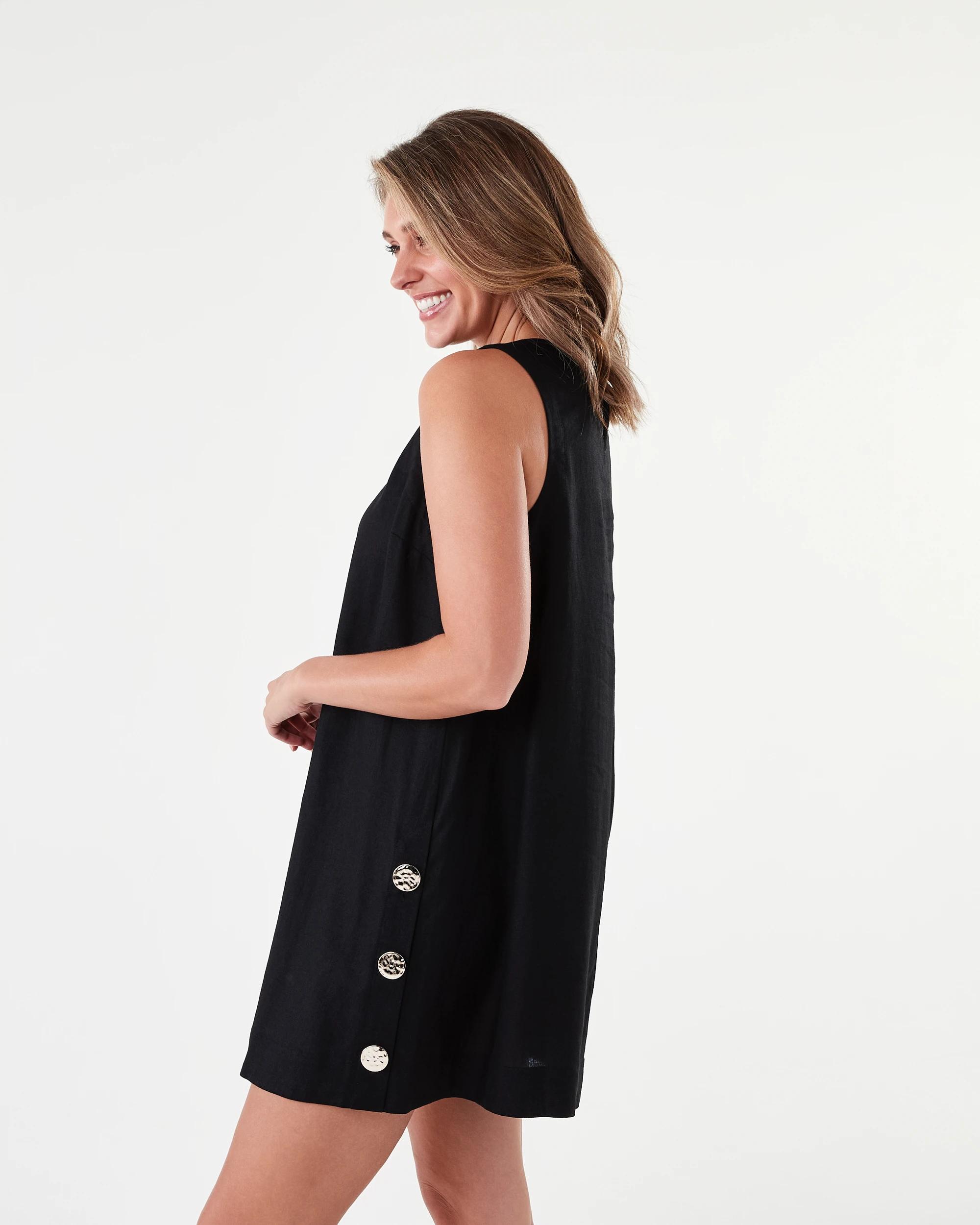 2 Sleeveless Linen Blend Button Detail Mini Dress Black, 2 of 7