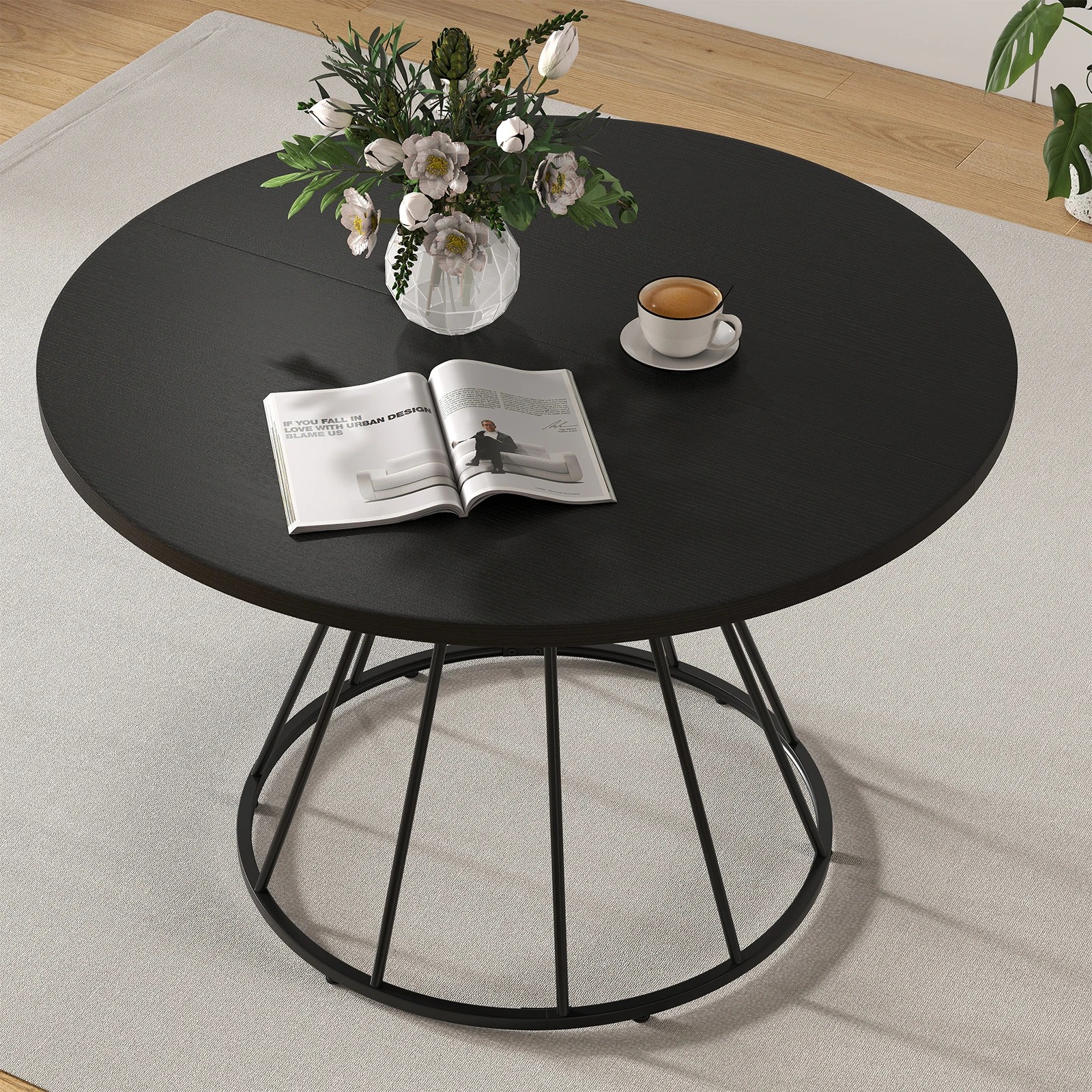 2 Costway 118cm Round Dining Table Wooden Tabletop Kitchen Table - Black, 2 of 4