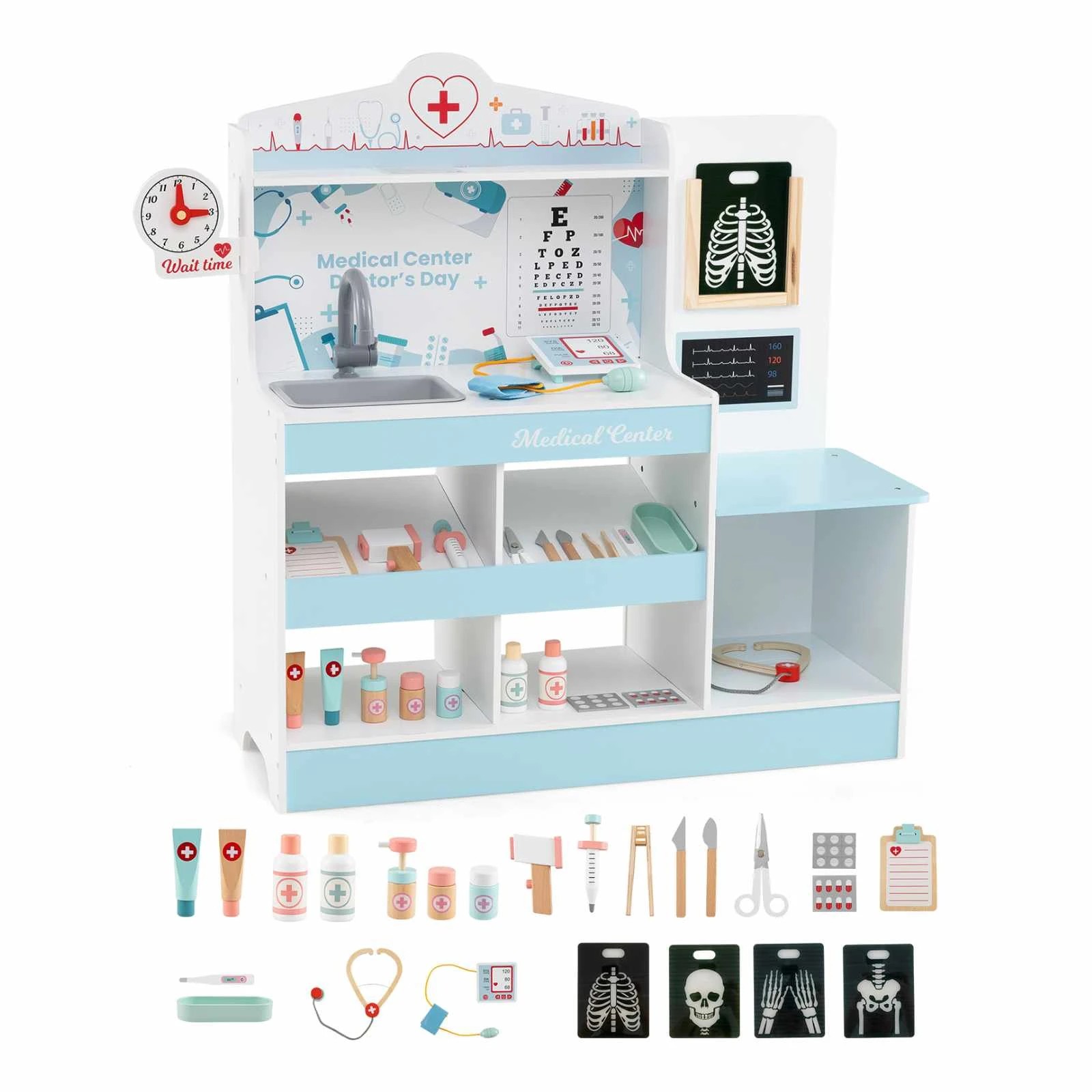 1 Costway Wooden Doctor Play Set Pretend Play Medical Center - Blue, 1 of 1