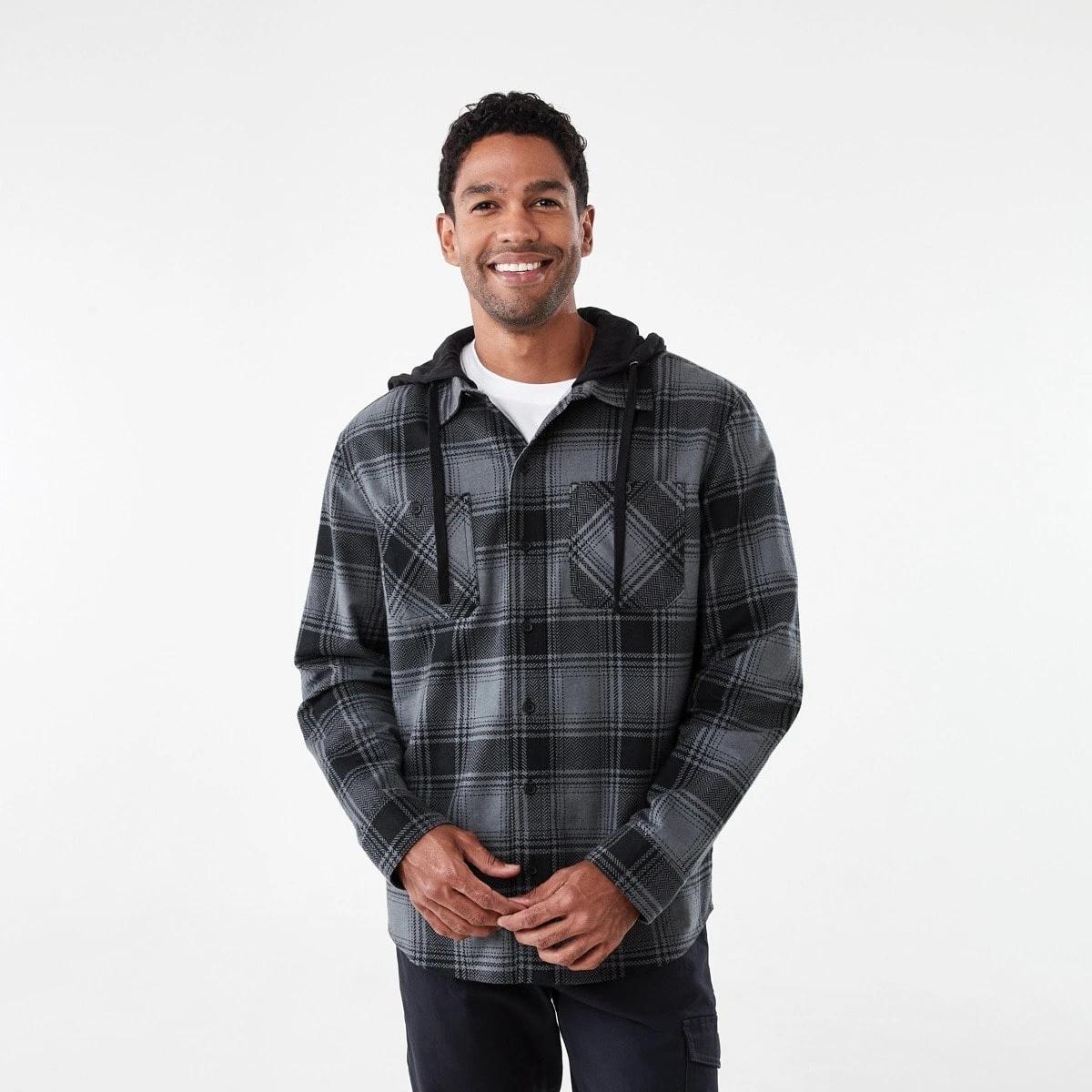 2 Workwear Long Sleeve Hooded Shirt Blk Check, 2 of 7