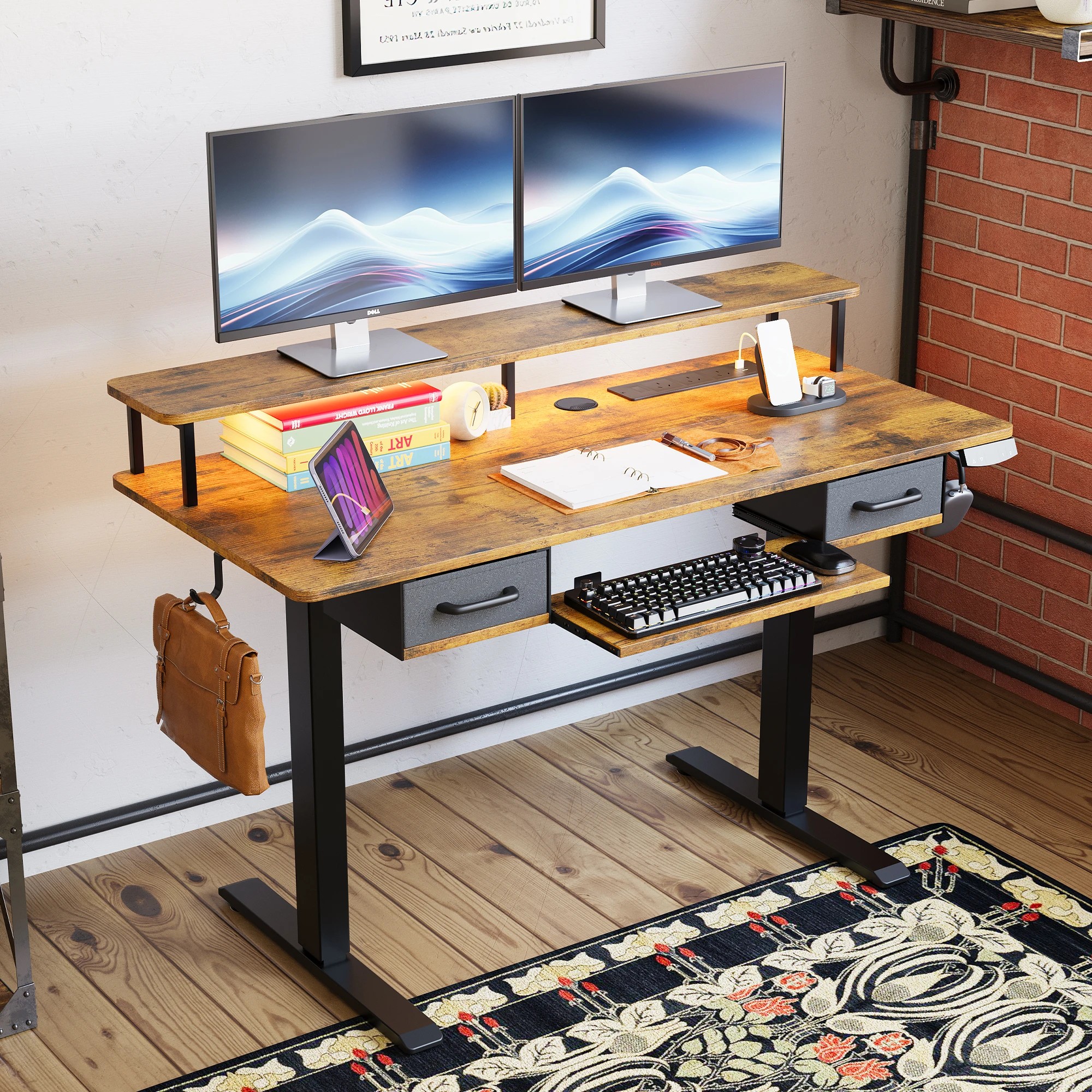 6 Advwin Electric Standing Desk with Monitor Stand and keyboard tray 120cm - Brown, 6 of 8