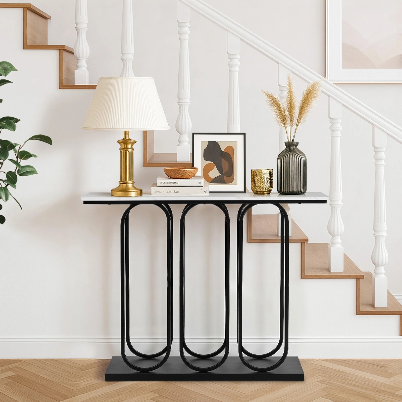 5 Oikiture Console Table Faux Marble Effect Entry Table Hallway Display - Black, 5 of 8