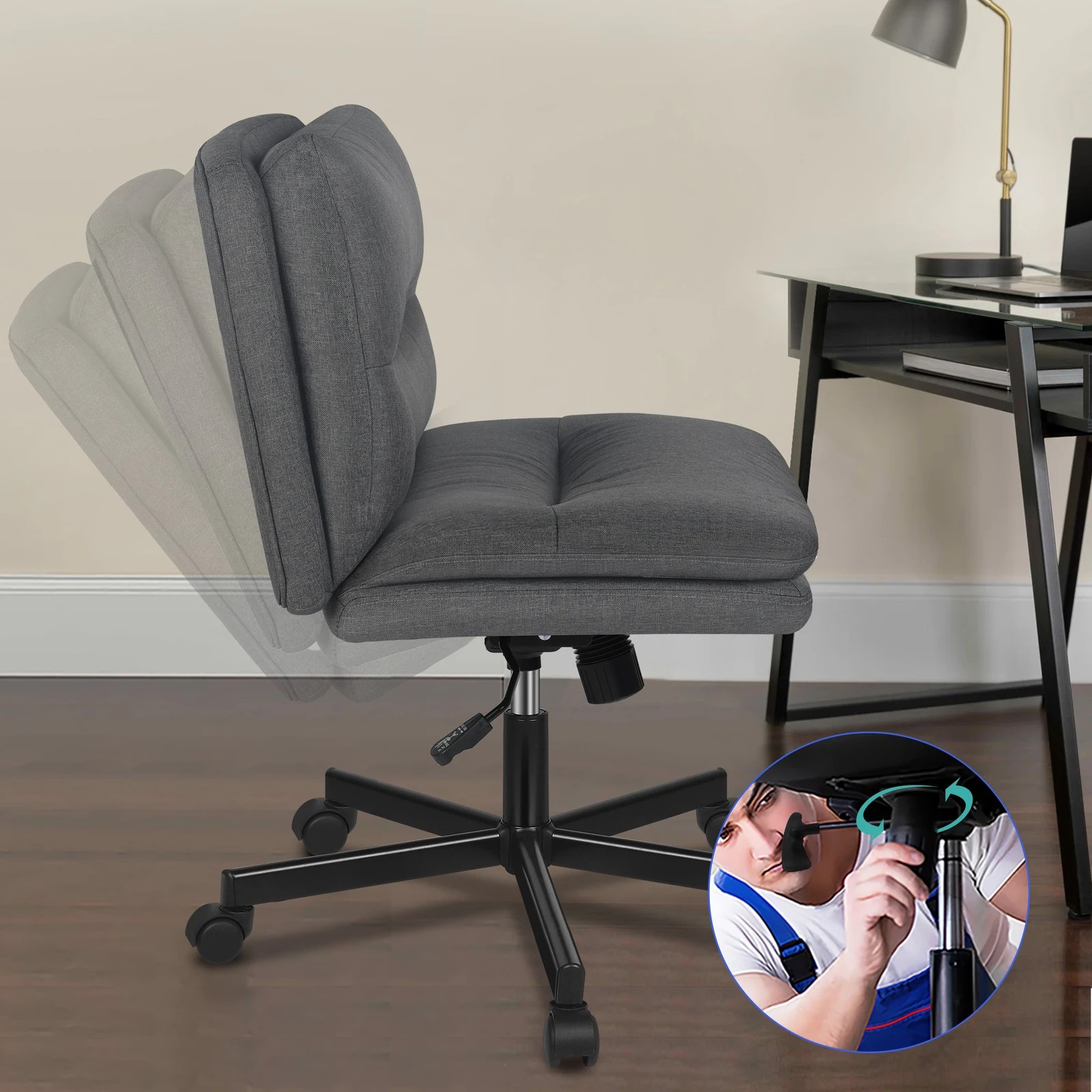 3 Alfordson Desk Chair Office Computer Armless Wide Seat Mid Back Fabric - Grey, 3 of 7