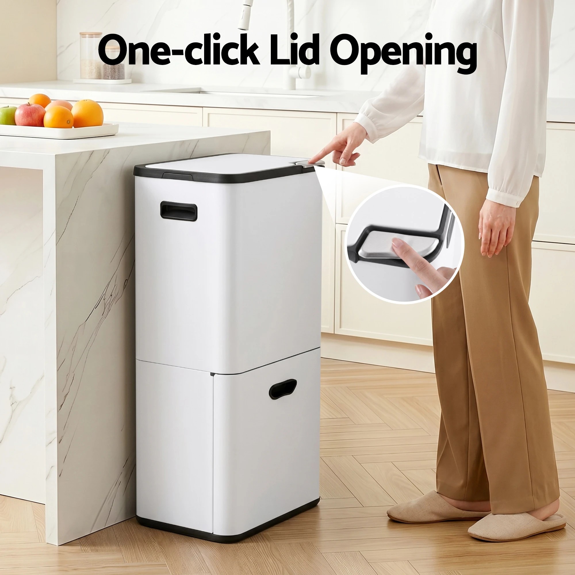 6 Cefito 63L Rubbish Bin 3 Compartment Carbon Steel Split Door Trash Can - White, 6 of 8