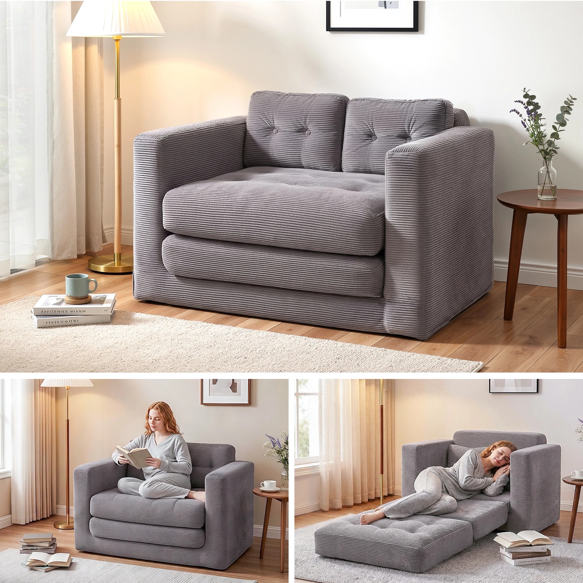9 Artiss 2 Seater Corduroy Convertible Sofa Bed Pull Out Boneless Couch - Grey, 9 of 9