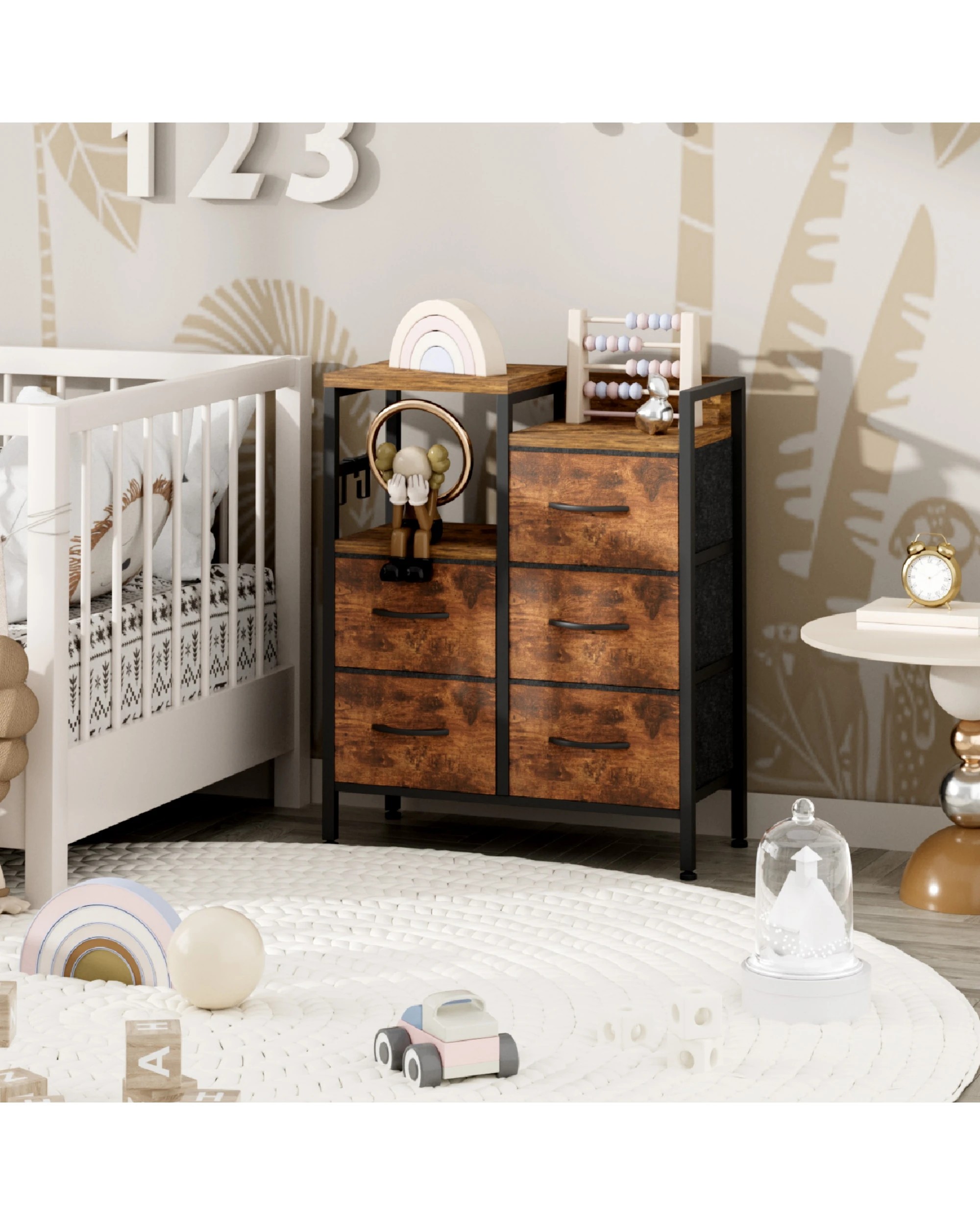 4 Advwin Chest of 5 Drawers Storage Cabinet with Open Shelf - Brown, 4 of 10
