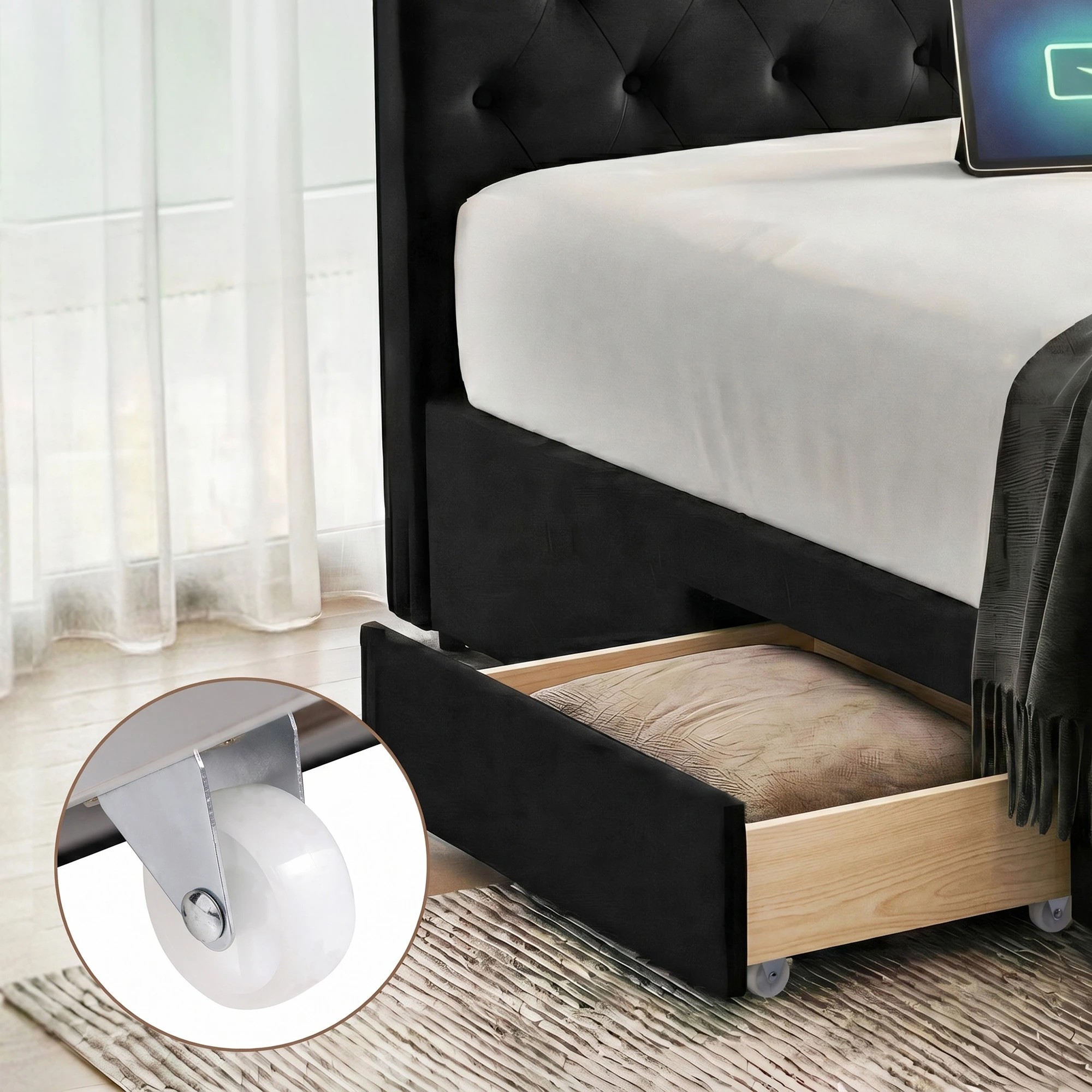 3 Artiss King Bed Frame Storage Charging Station Upholste 3 Drawers USB - Black, 3 of 7