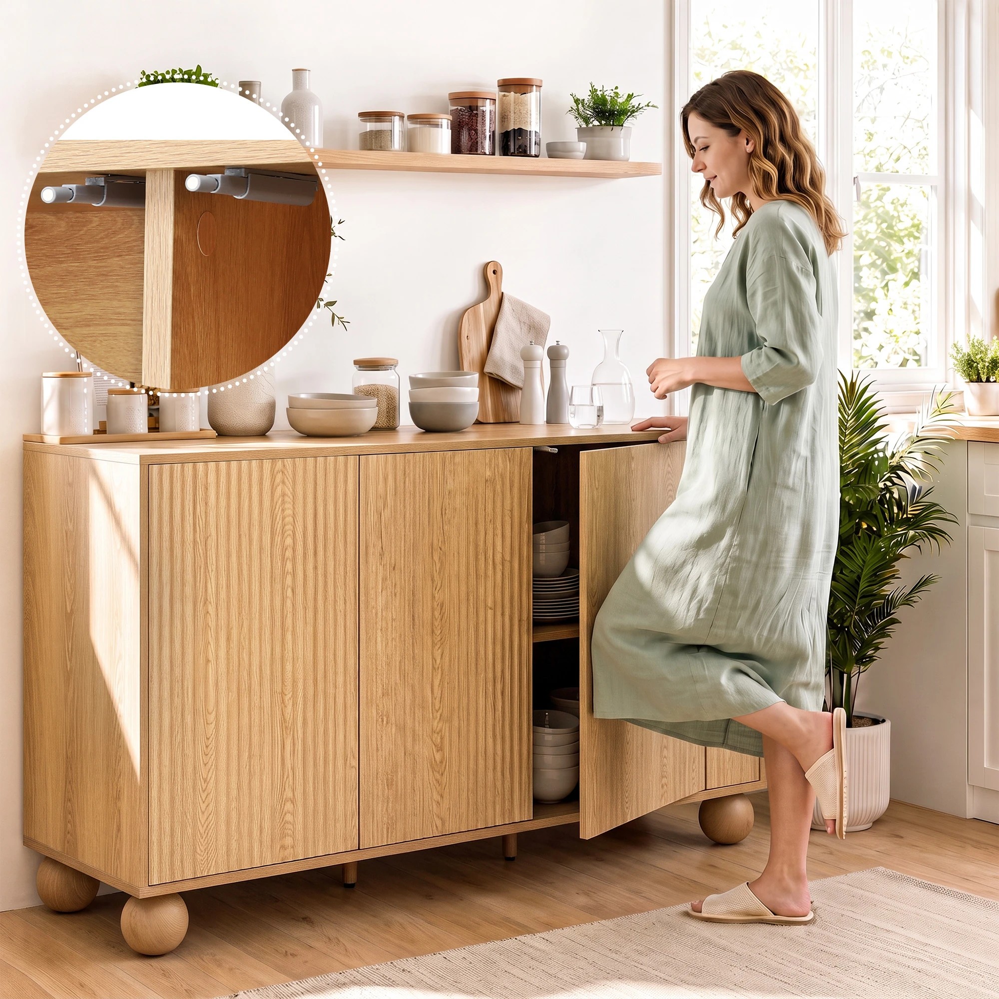 6 Artiss Buffet Cabinet Sideboard 2-Tier Kitchen Storage Ball Legs180cm - Natural, 6 of 10