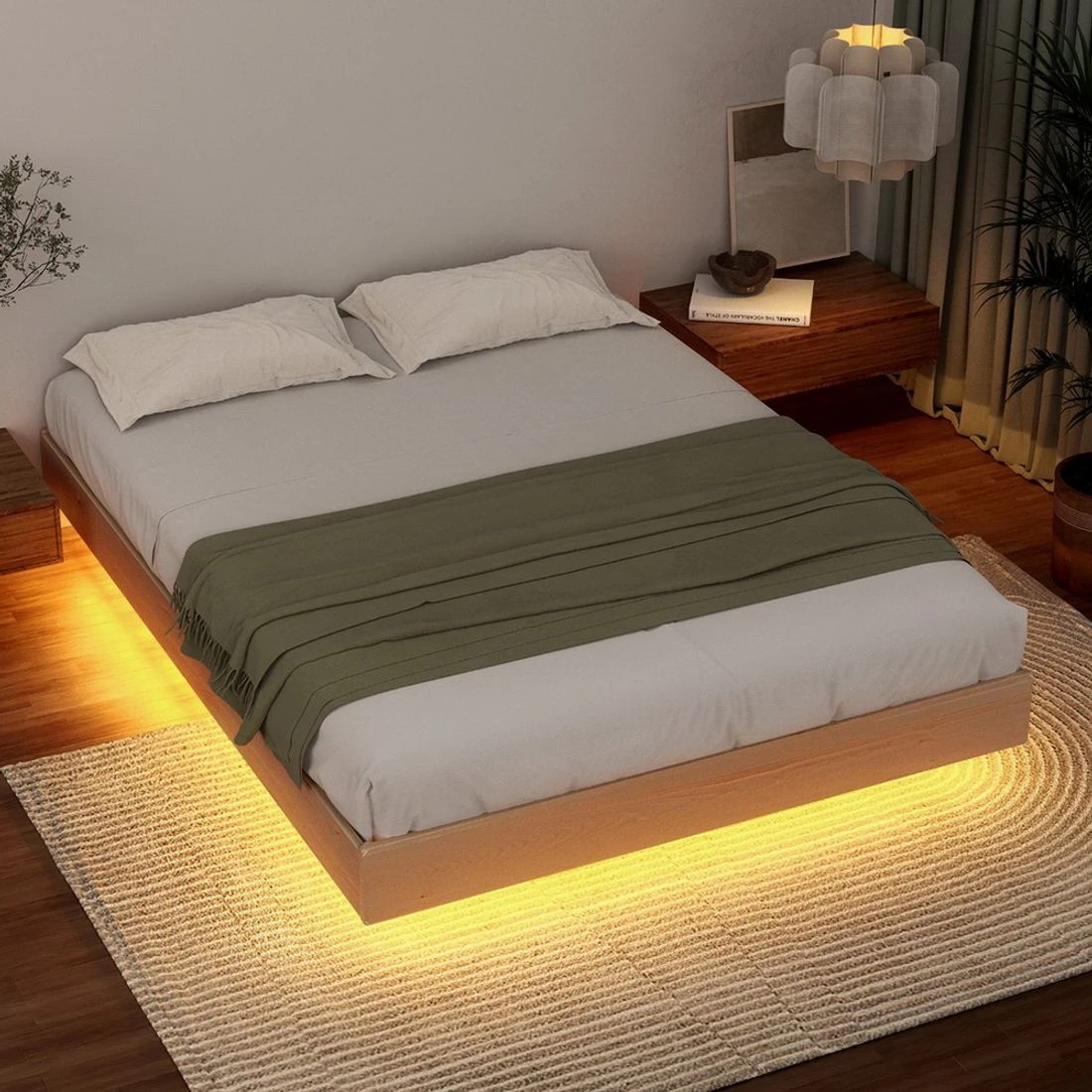 3 Artiss Bed Frame Double Size Floating LED Wooden Bed Base - Brown, 3 of 4
