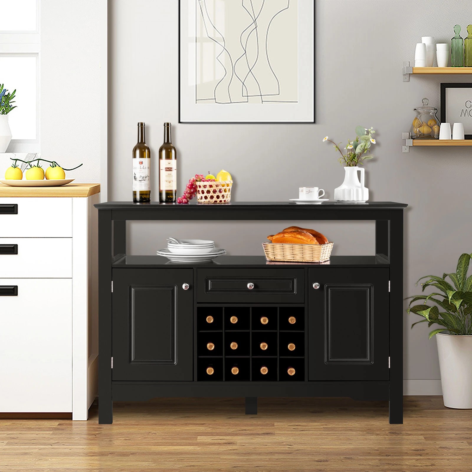 3 Costway Buffet Storage Cabinet Kitchen Sideboard w/Wine Rack - Black, 3 of 4