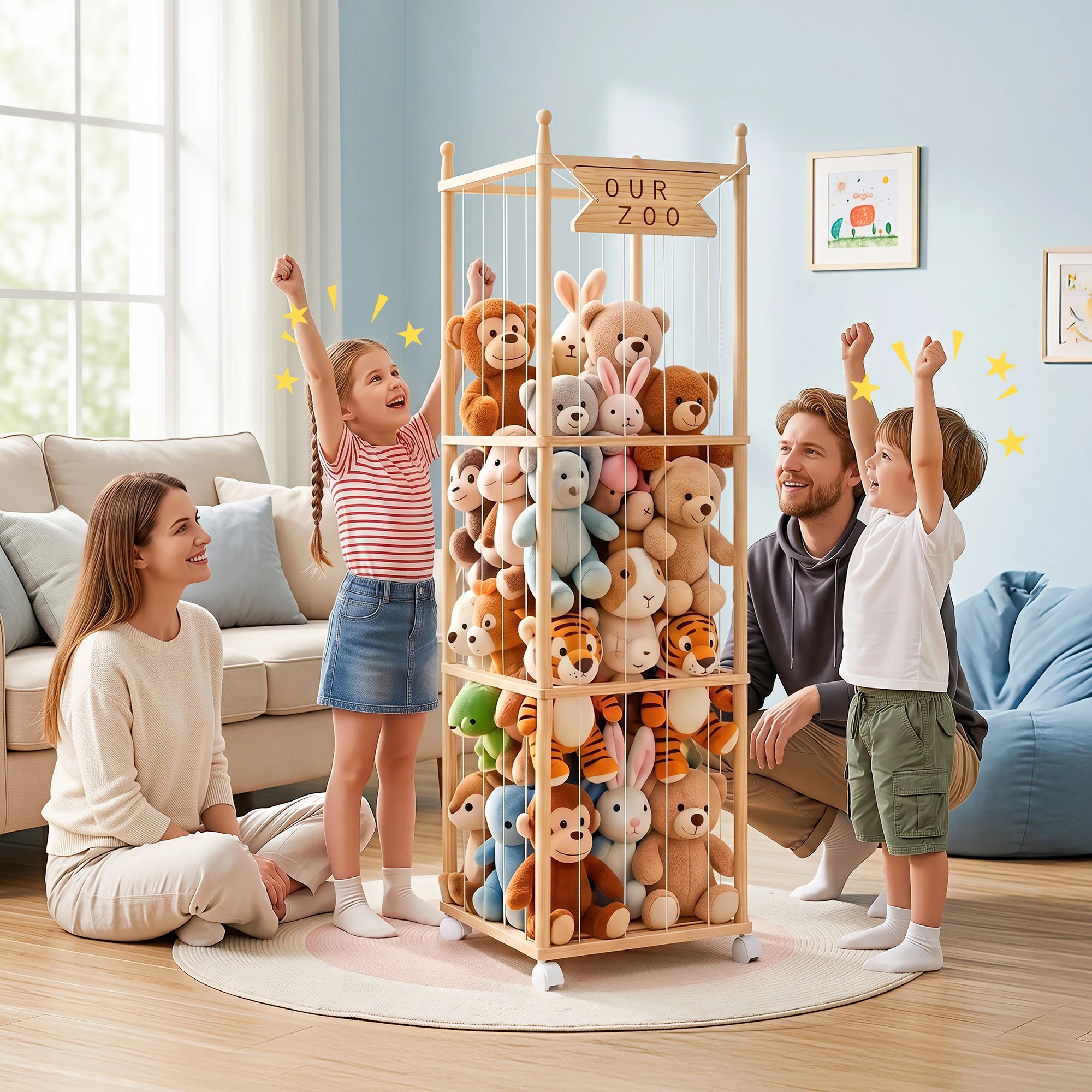 9 Keezi Stuffed Animal Toy Storage & Organizers Wooden Zoo Cage with Wheels Elastic Cords - Natural, 9 of 10