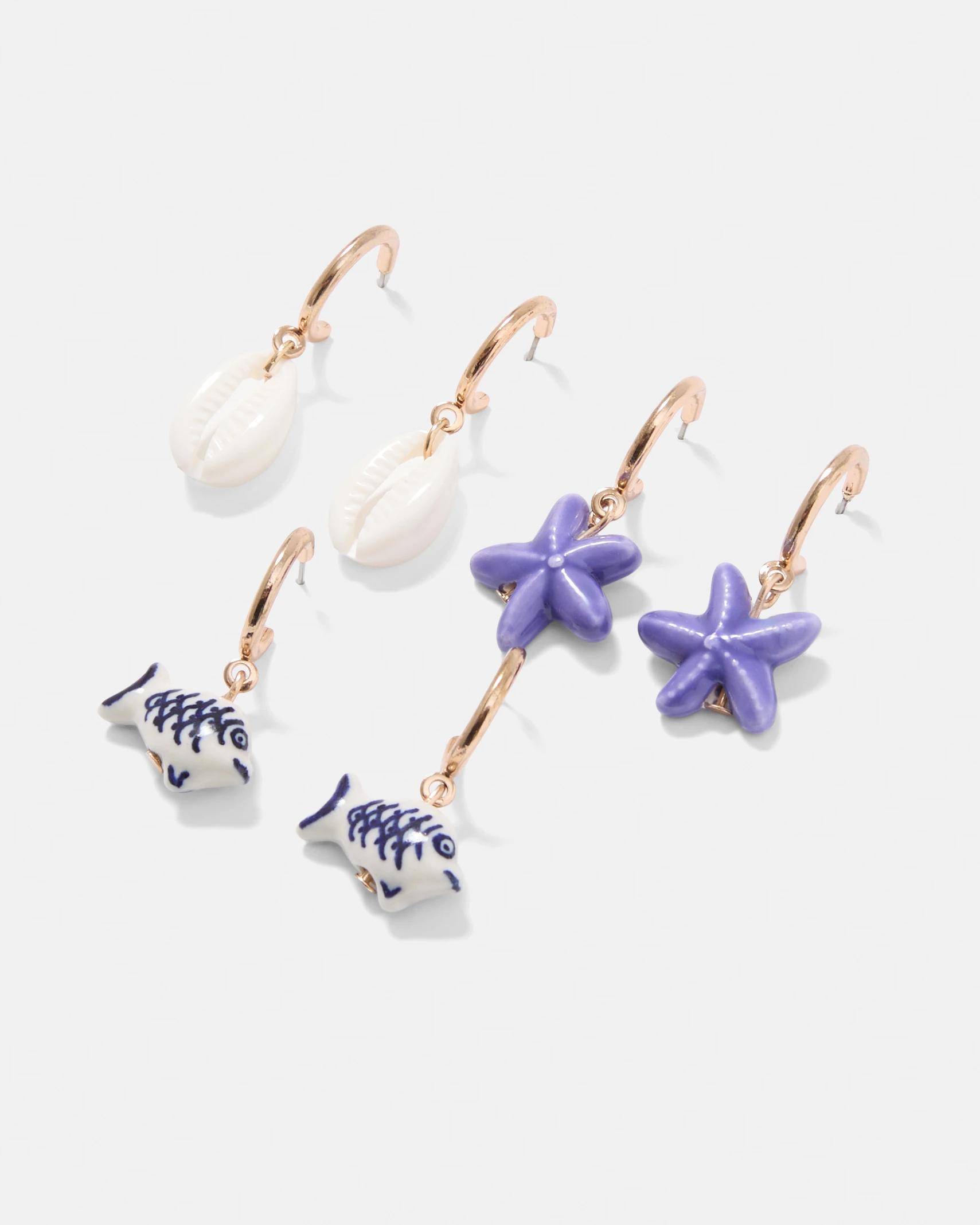 3 3 Pack Fish Hoop Earrings - Blue, White and Gold Tone Gold, 3 of 5