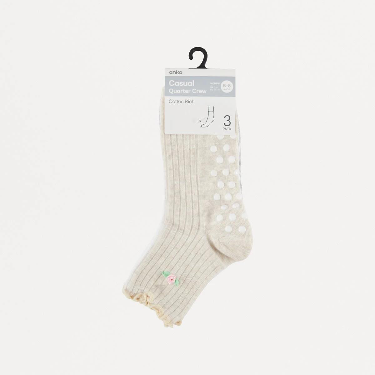 3 3 Pack Frill Quarter Crew Non-Slip Socks ROSETTES MULTI, 3 of 3