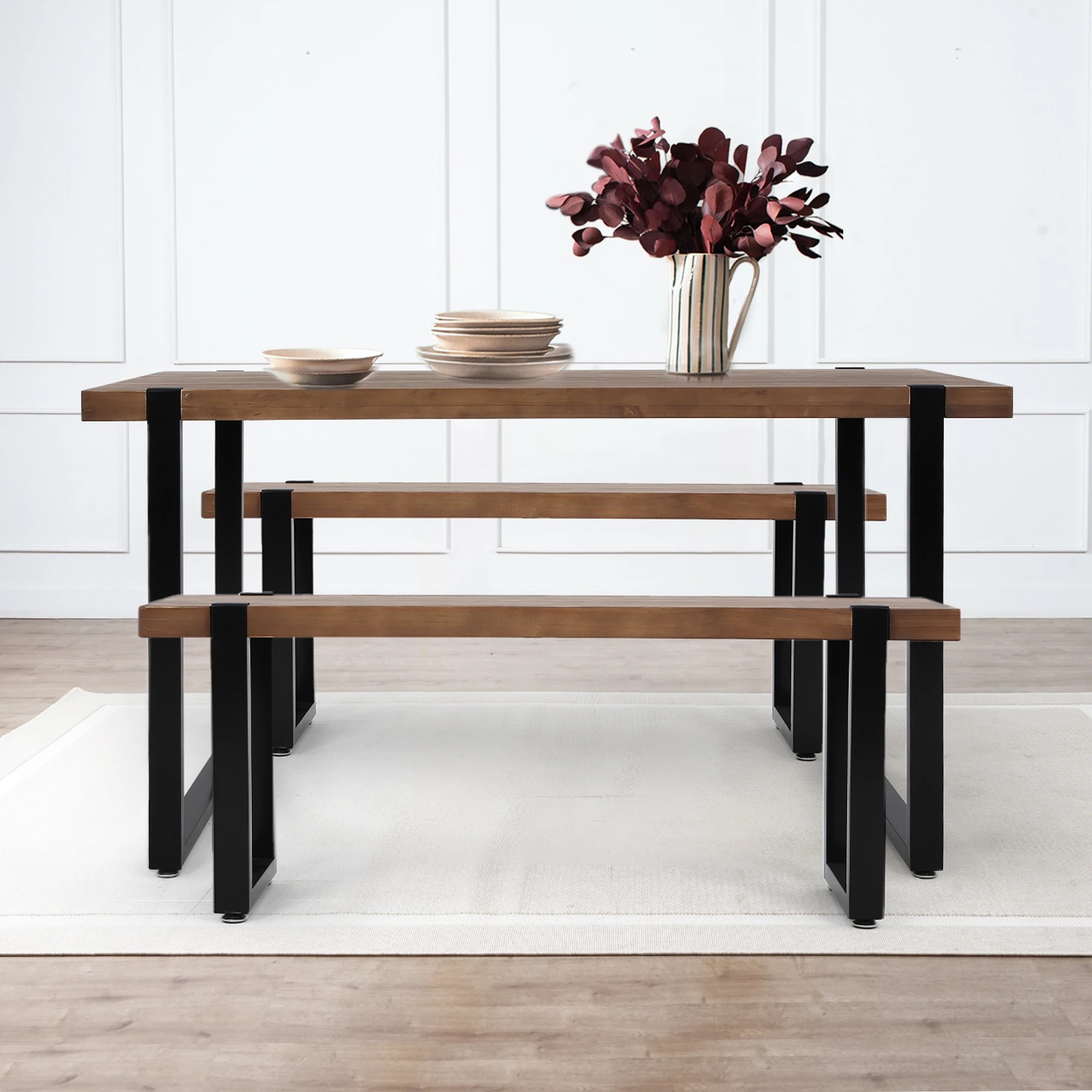 7 Levede Wooden Dining Sets 1XTable+2X Bench Chair Metal Industrial Restaurant, 7 of 7