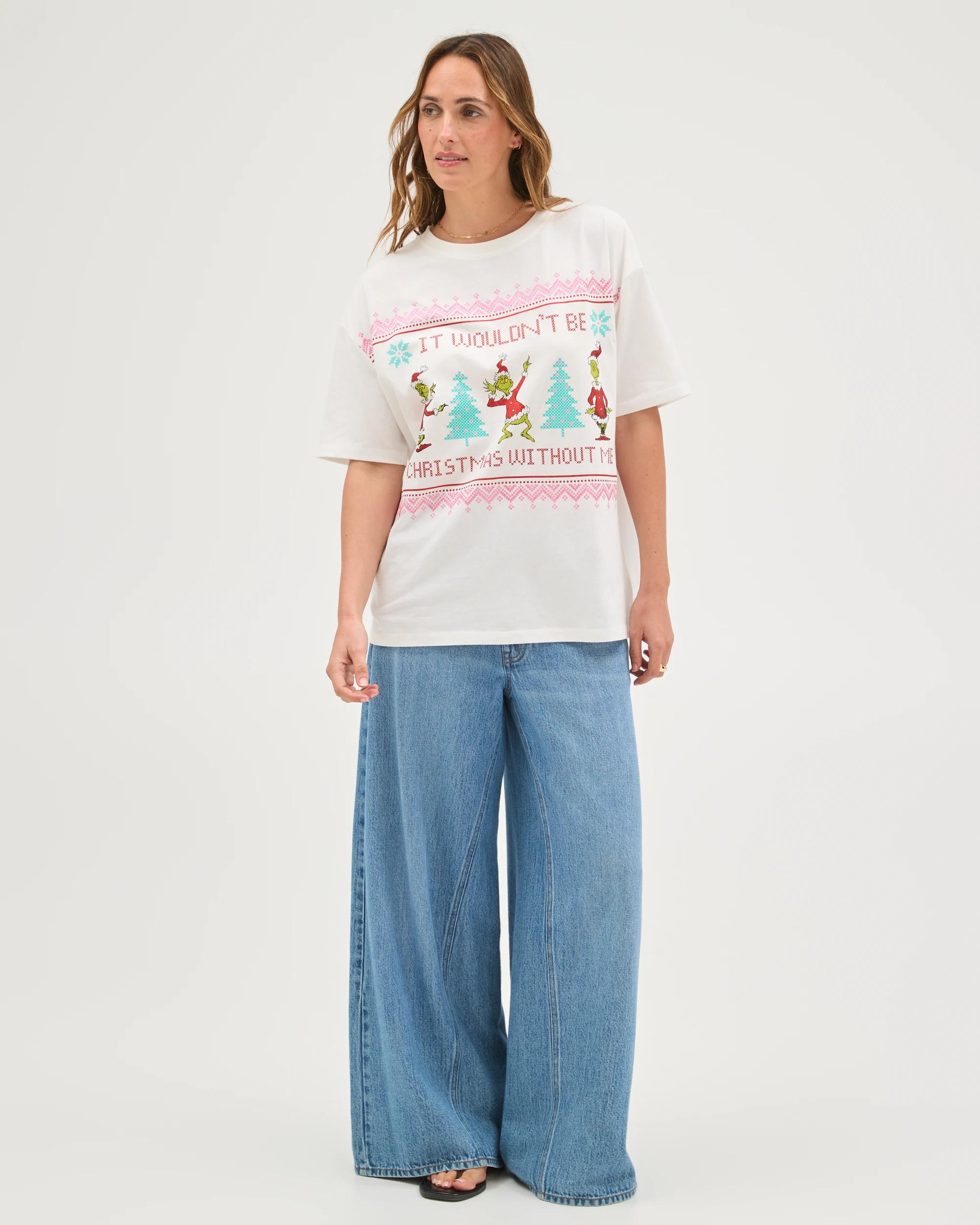 1 Licensed The Grinch Australian Cotton Oversized Christmas T-Shirt WHITE XMAS WITHOUT ME, 1 of 7